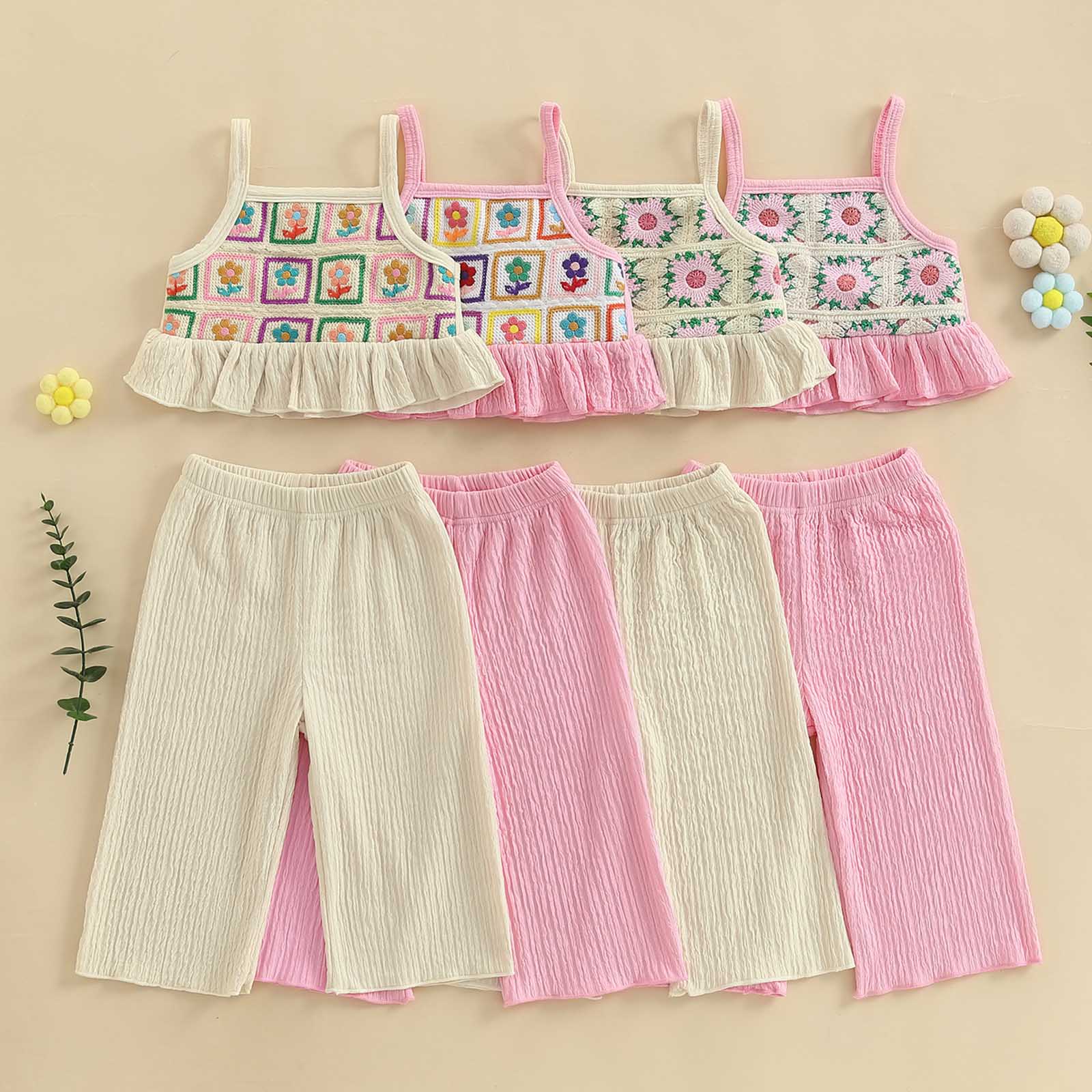 Toddler Girls Two Piece Outfits Crocheted Flowers Fruit Ruffled Camisole Tops Elastic Waist Long Pants Baby Children Summer Clothes #Summervibes