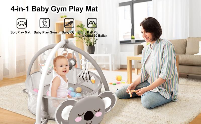dearlomum 4-in-1 Baby Play Mat Koala Gym Tummy Time Mat for Floor Activity with 30 Balls & 5 Sensory Toys for Newborn Toddler Boy & Girl Gifts