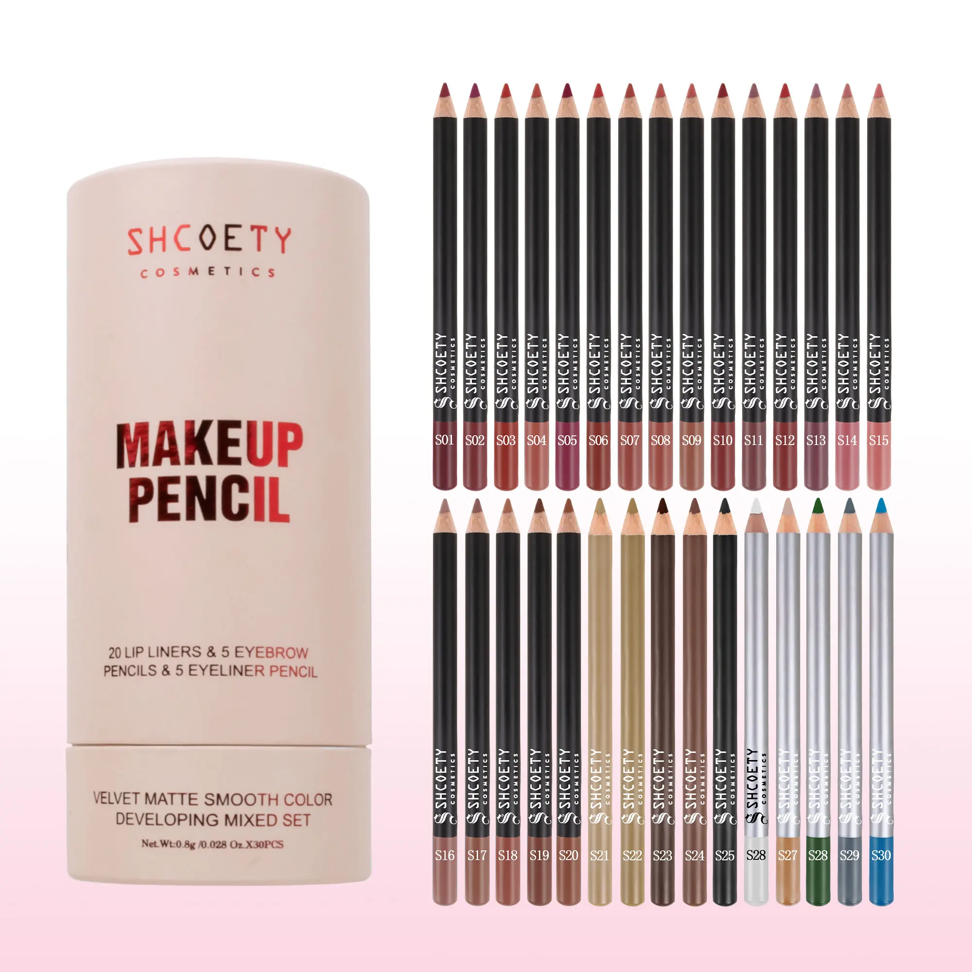 Shcoety 30-Piece Makeup Pen Set, 20 Lip Liners + 5 Eyebrow Pens + 5 Eye Liners, Velvet Matte Waterproof Long-Lasting, Perfect Gift for Makeup Lovers