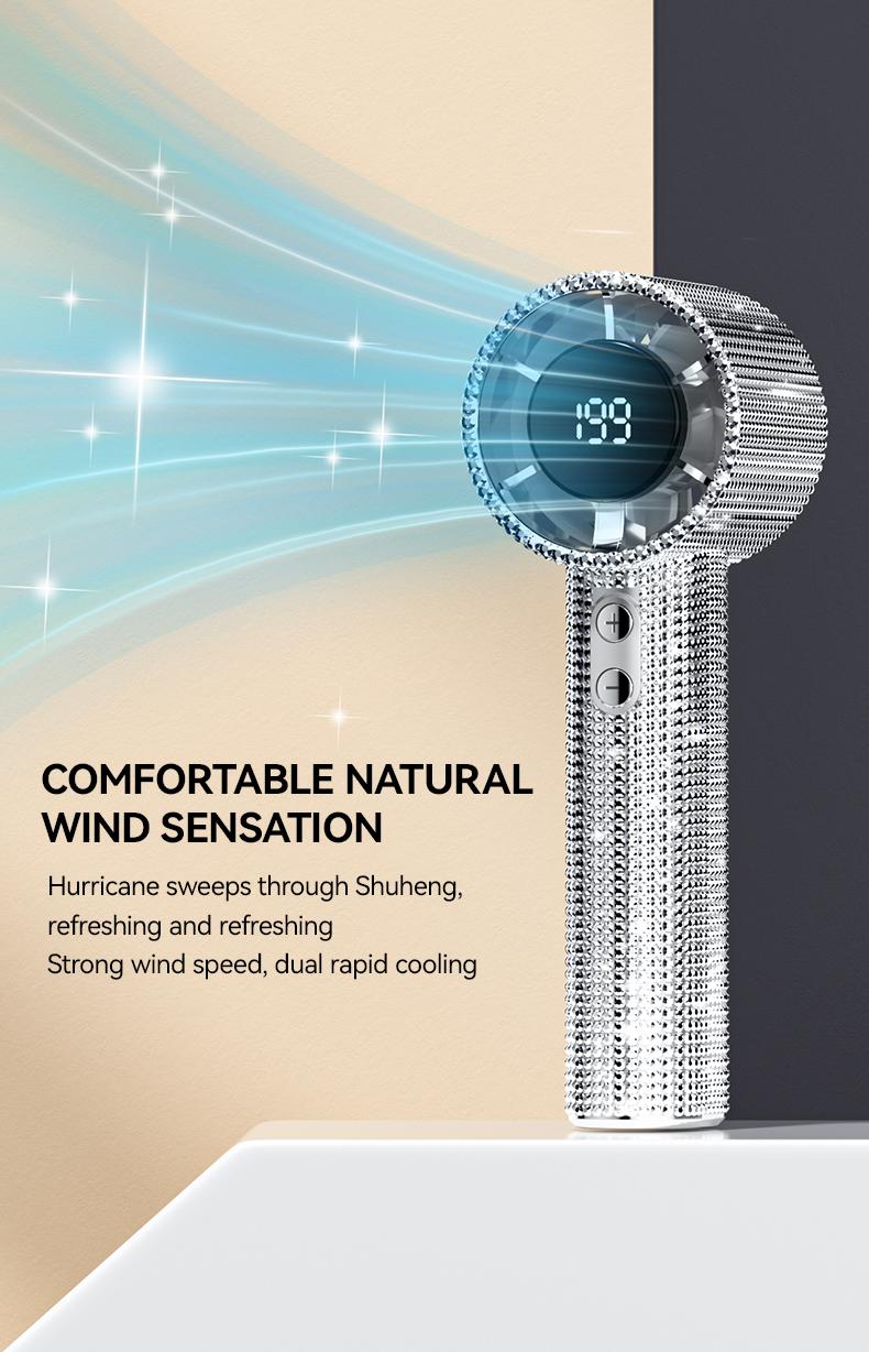 MGALL S5 Full Diamond Luxury Craftsmanship Portable Handheld Turbo Fan, 3 Gear Wind, Rechargeable Long  Battery Life Hand Fan With Digital Display For Outdoor Activities, Travel, Office,Wonmen's gift