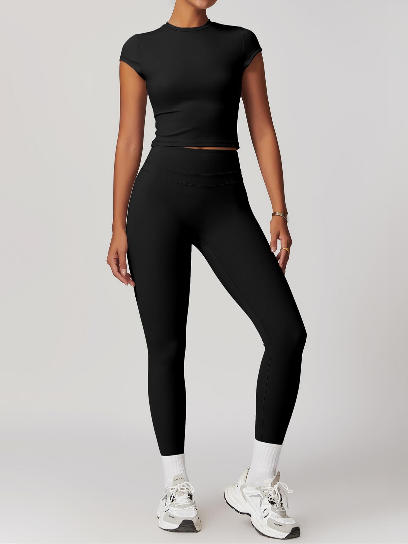 Women's Sportswear Two-Piece Set, Autumn Outdoor Fitness Running Top & High-Waisted Pants, Solid Color Short Sleeve Yoga, Yoga Tracksuit Set