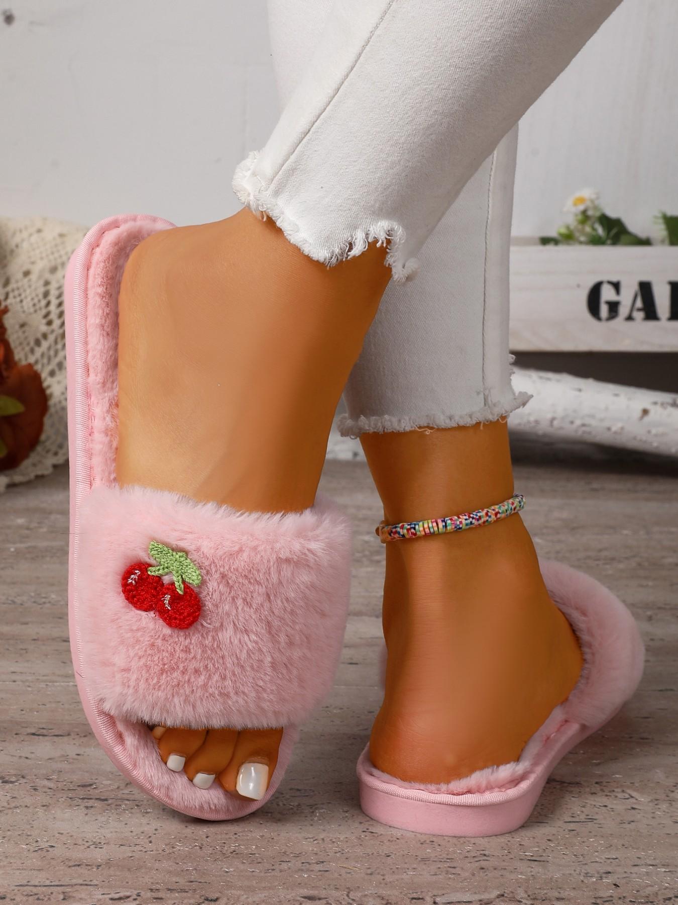 Cute Cherry Plush Casual Women's Slippers, Comfortable Indoor Warm Shoes, Fashion Home Footwear, Soft Textile Upper, Rubber Sole