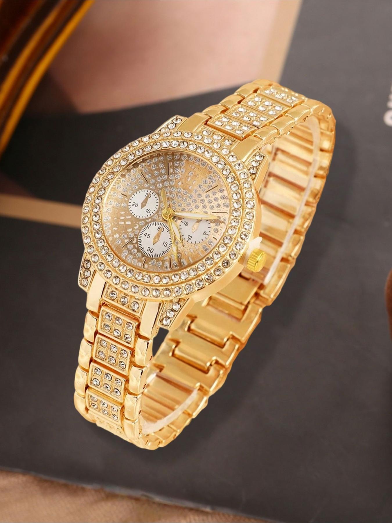 1/3counts Fashion Full Diamond Women's Watch Gold Steel Band Analog Quartz Watches