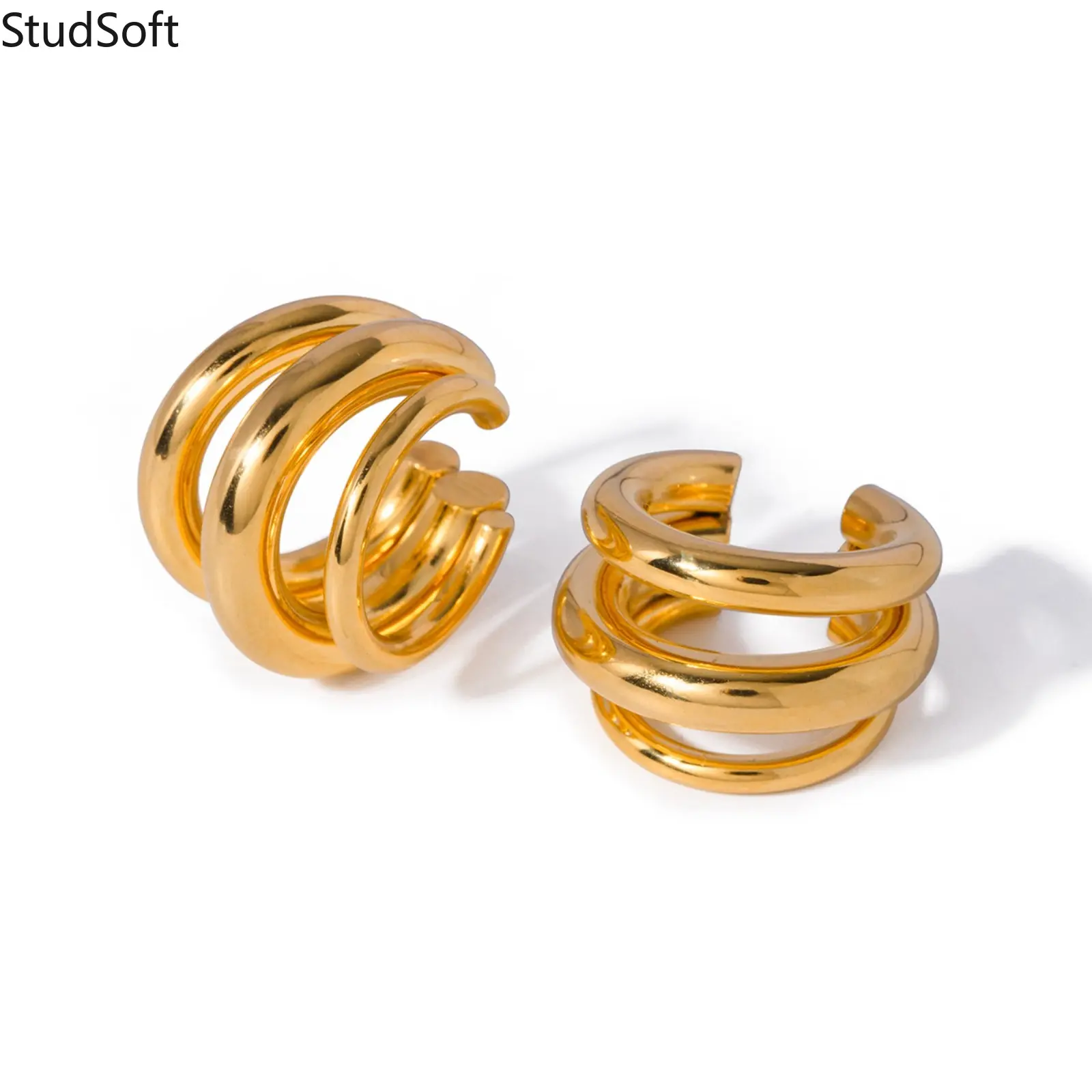 Minimalist 18K Gold Plated Hoop Earrings for Women Chunky Triple Layer C Shape Multi Line Studs Waterproof Stainless Steel Daily Wear Jewelry
