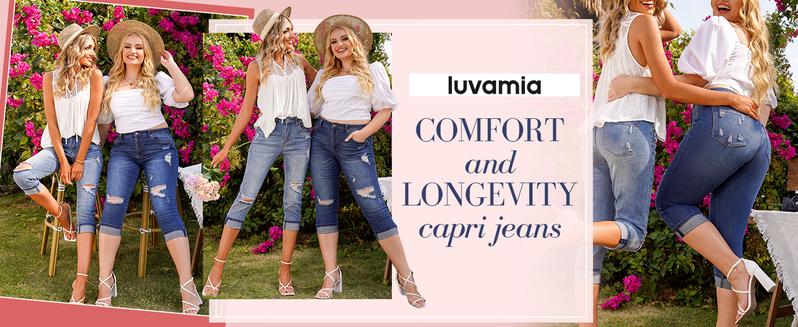 luvamia Denim Jeans for Women Stretch High Waisted Distressed Capris Ripped Skinny Cropped Pants Streetwear Bottom Pocket Womenswear Basic jeans for women
