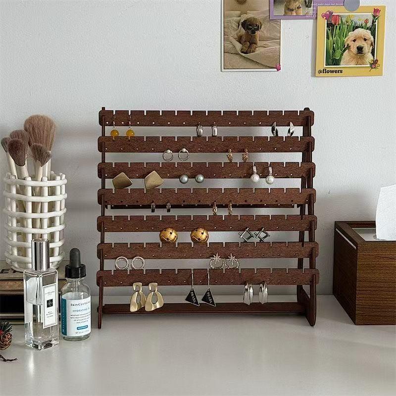 7 Layer Walnut Color Earring Storage Rack, Simple High-End Desktop Organizer, Ear Stud Display Stand, Women's Home Jewelry Holder