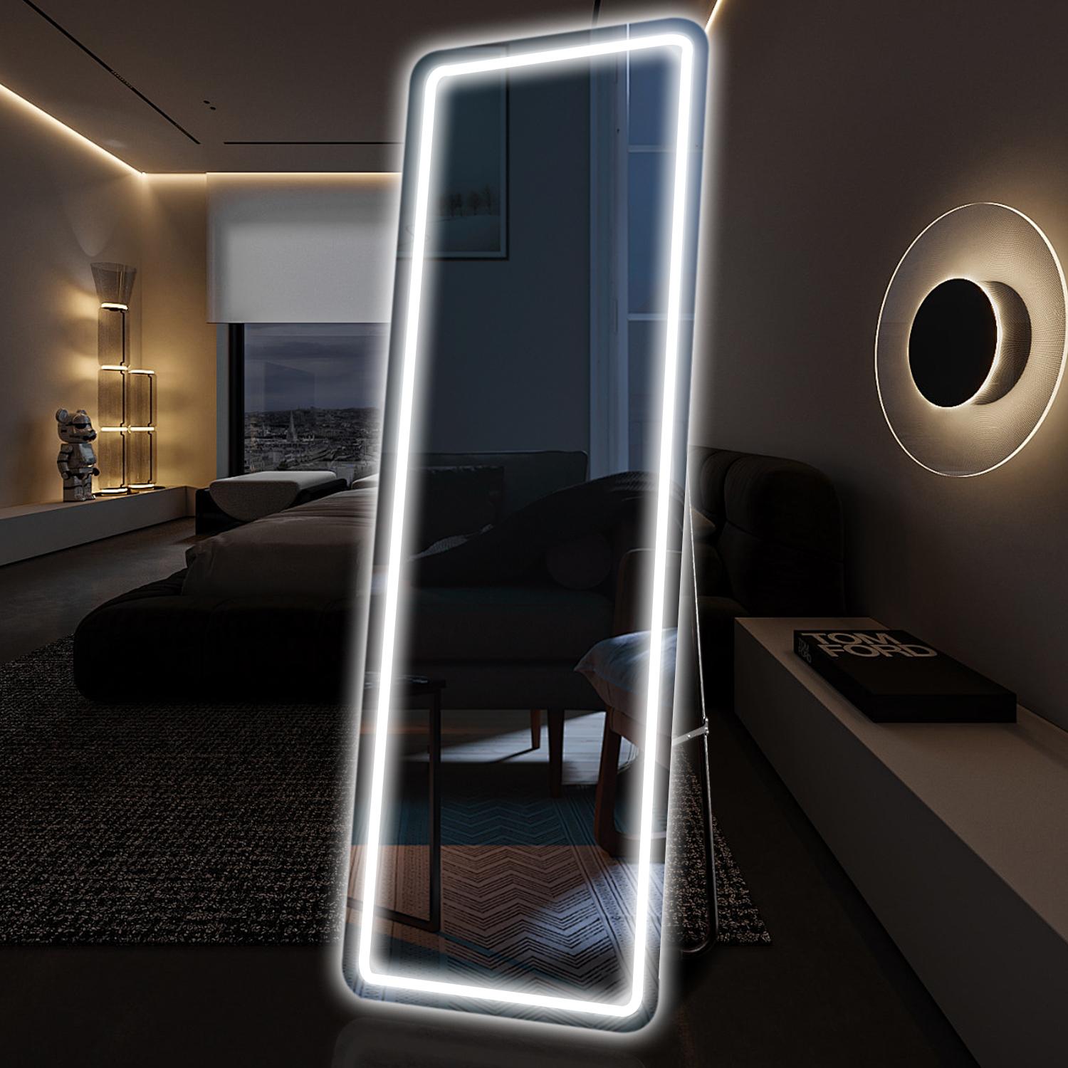 Full Length LED Vanity Mirror with Stand, Dimmable 3 Color Lighting, Wall Mount or Floor Use Aluminum Alloy Frame Durable Glass Mirror with Switch for Bedroom Living Room Decor Standing
