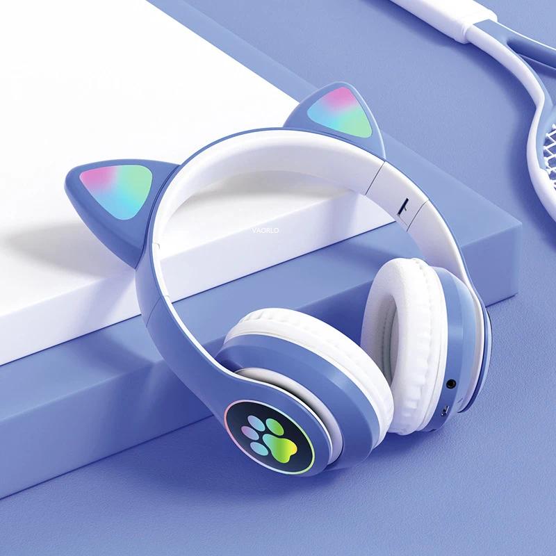 Flash Lamp Cute Cat Ears Headphone Bluetooth5.0 Stereo With Mic Support TF Card Wireless Kids Girl Earphone Birthday Gift btheadphones