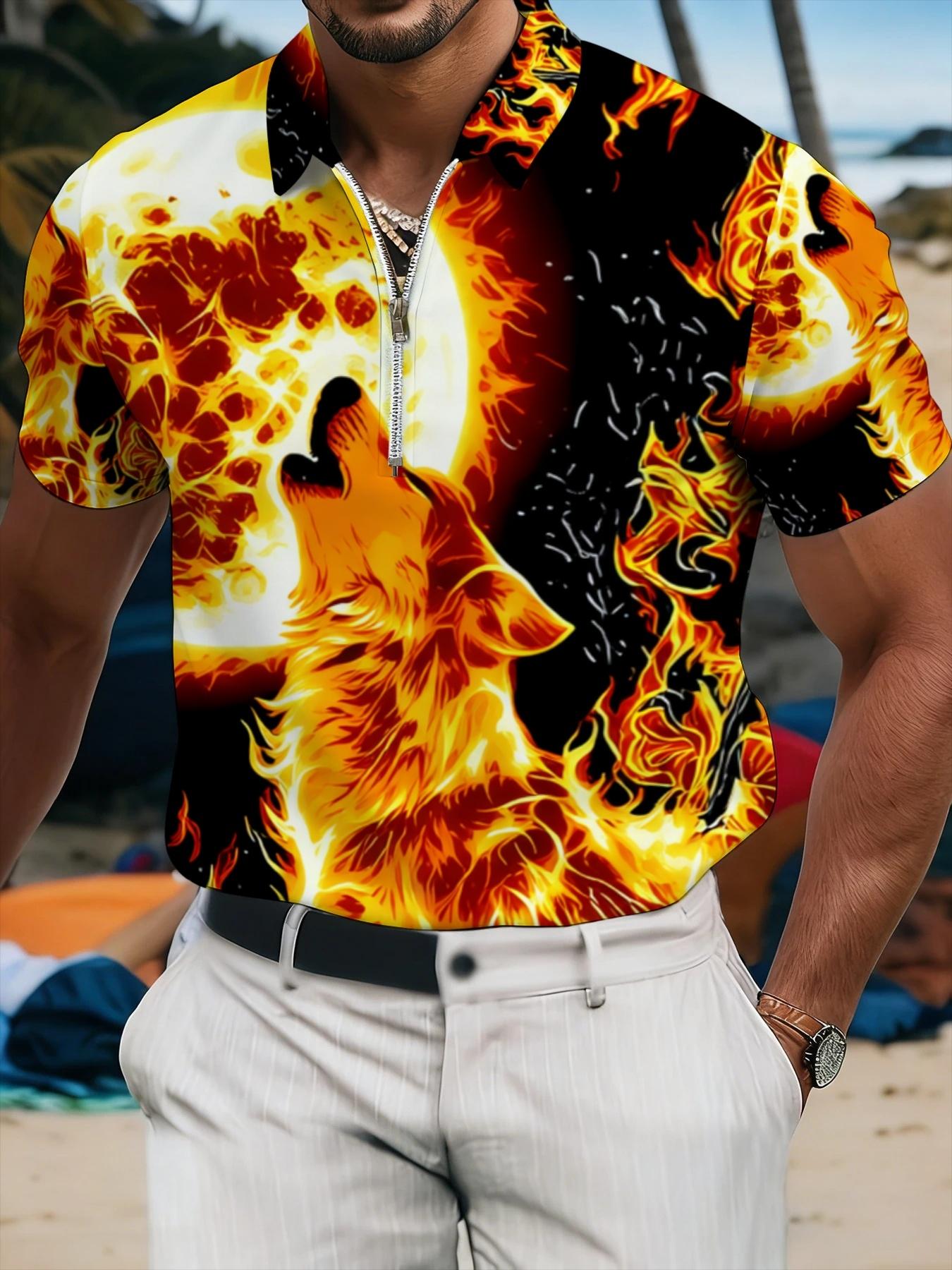 Men's Short Sleeve Hawaiian Polo Shirt with Flame Wolf Pattern, Summer Beach Casual Printed Top