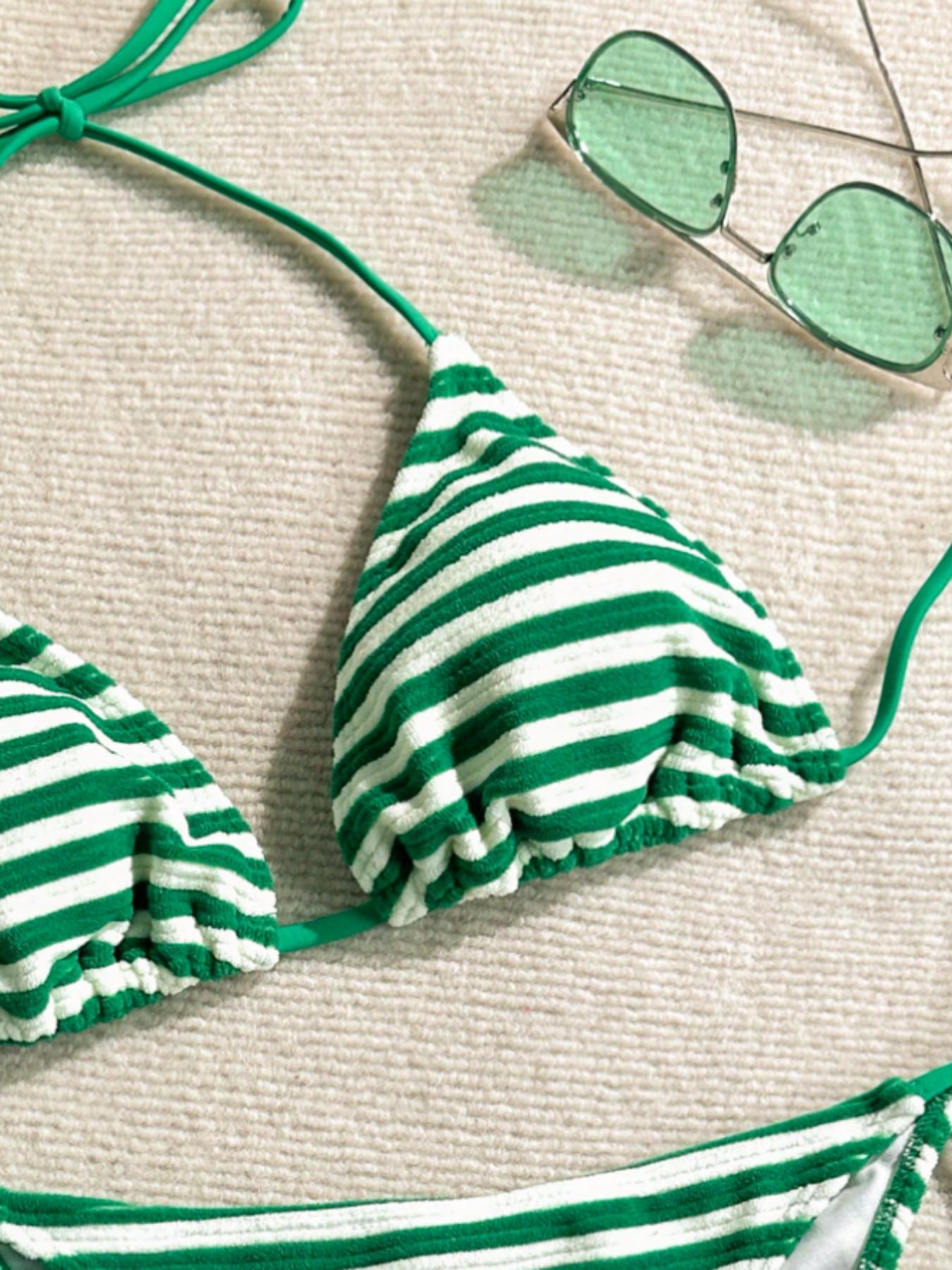 Women's Two-Piece Swimsuit Set, Vacation Beach Wear, Comfortable Slim-Fit Striped Triangle Bikini, Ideal for Pool Parties