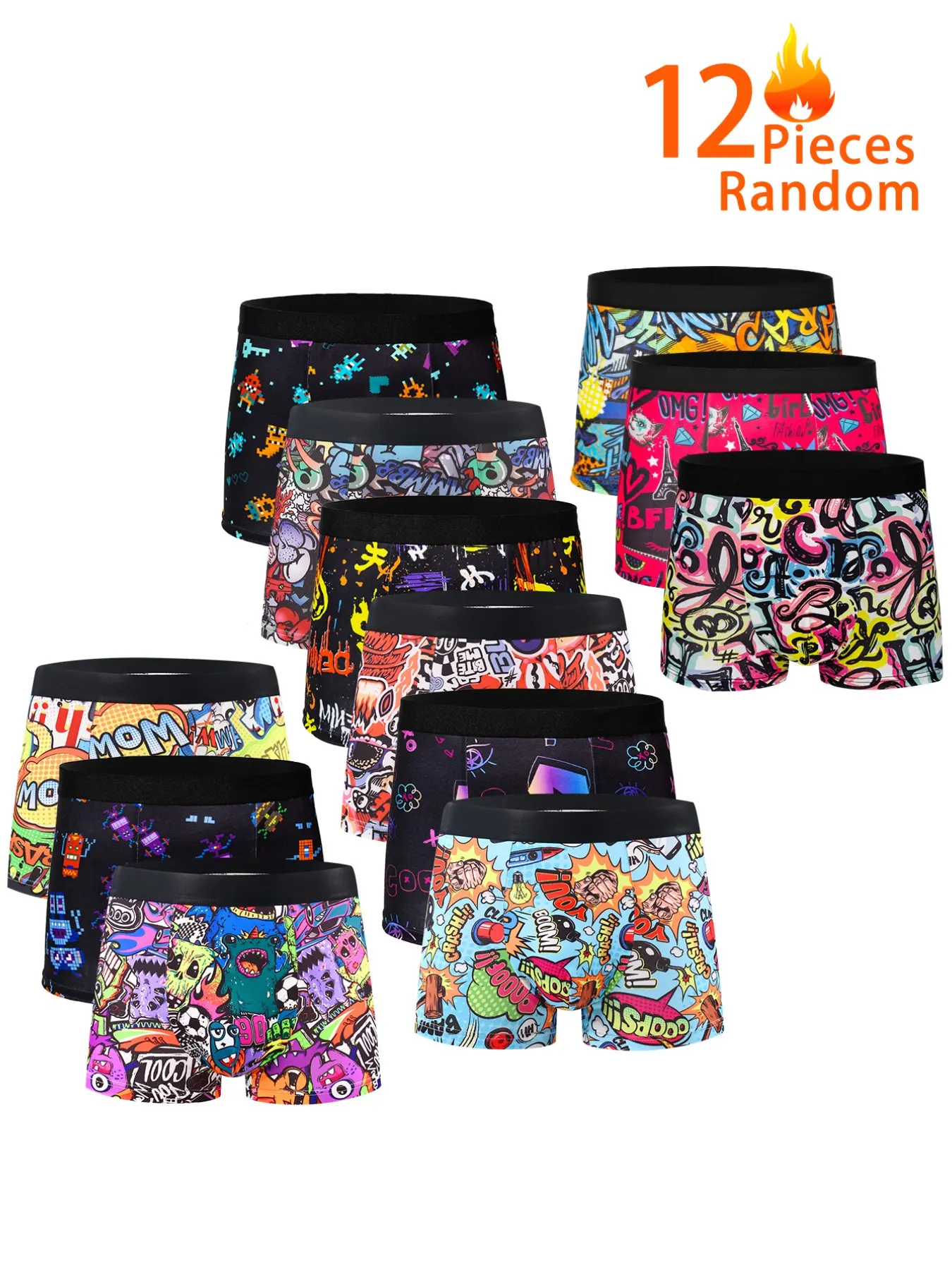 12 Pairs Men's Comic Style Boxers, Cartoon Explosion Fun Multicolor Prints, High Elastic Waist, Street Fashion, Casual Slim-Fit Trunks, Boxer Underwear