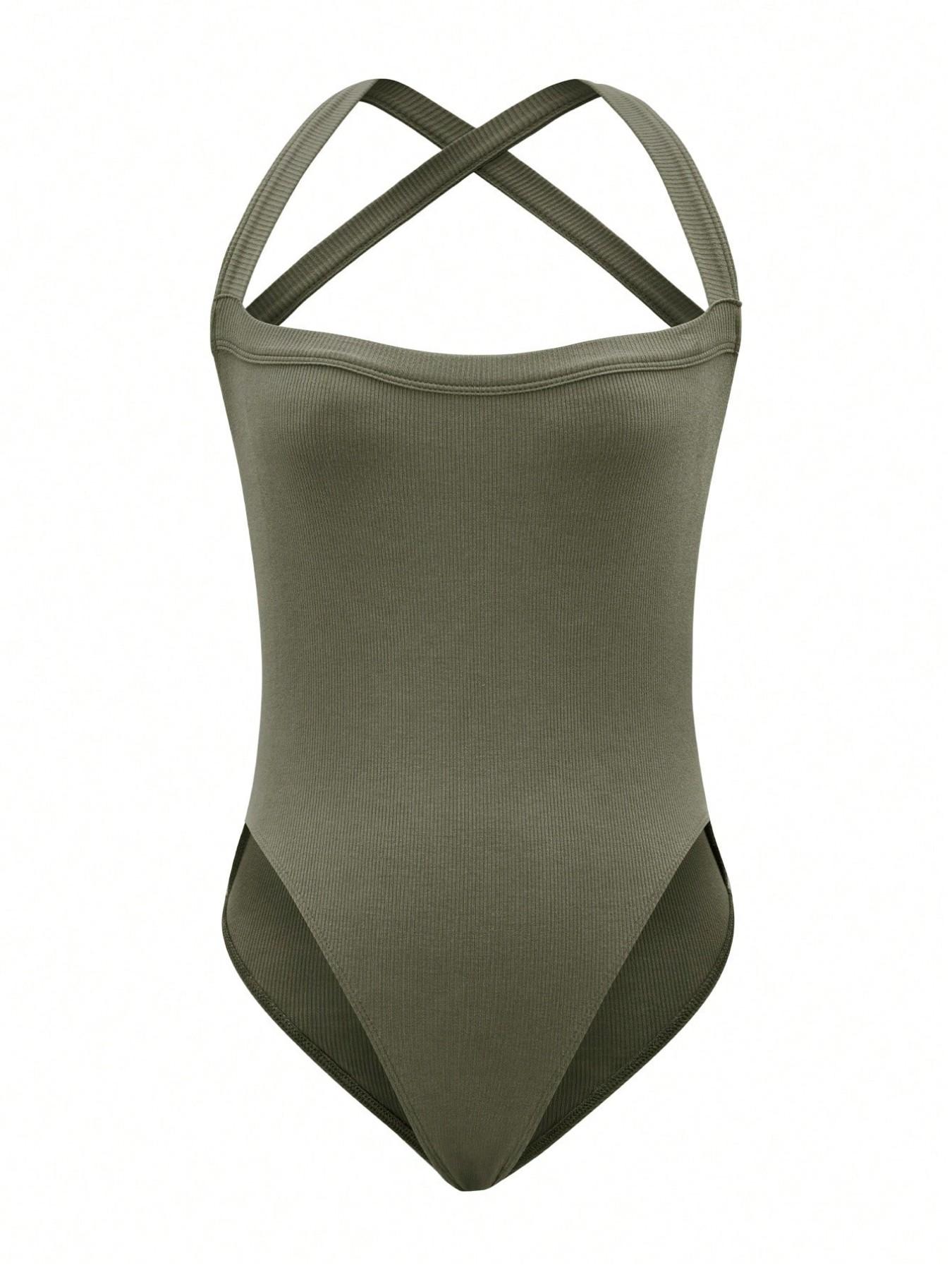 Basic Solid Color Ribbed Halter One-Piece Bodysuit, Cross Back High Cut Design, Sleeveless, Summer Versatile Underwear, Women's Casual Wear, Womenswear, Ribbed Bodysuits