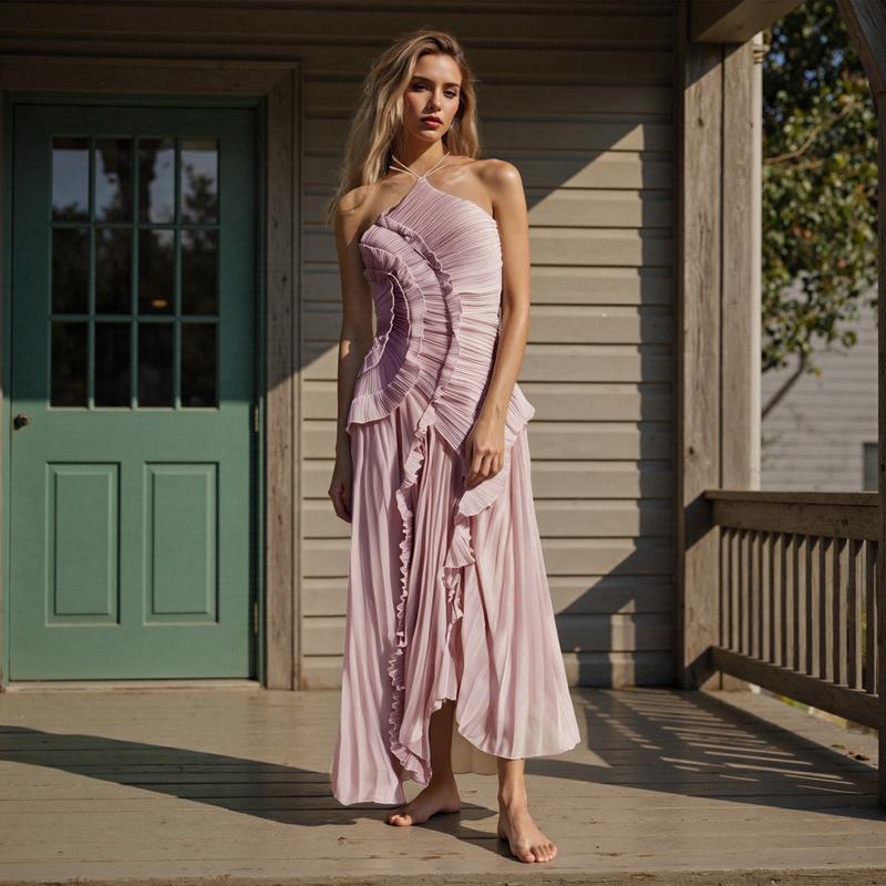 Women's Sexy Ruffle Halter Dress Sleeveless Solid Color Long Flowy Dress Summer A-Line Dress For Wedding And Party