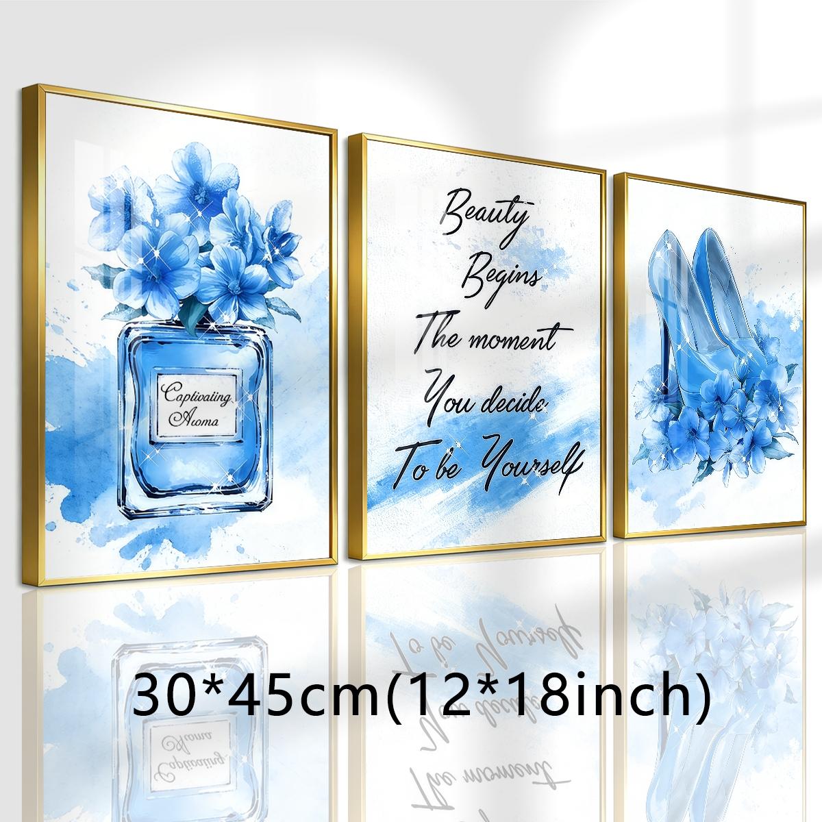 3 Counts Aluminum Alloy Framed Painting, Blue High Heels Perfume And Flowers Illustration, Home Decoration For Living Room, Bedroom, Office, Restaurant, Hallway Wall Decor, Odorless Print Artwork, Luxury Perfect Gift For Friends And Family