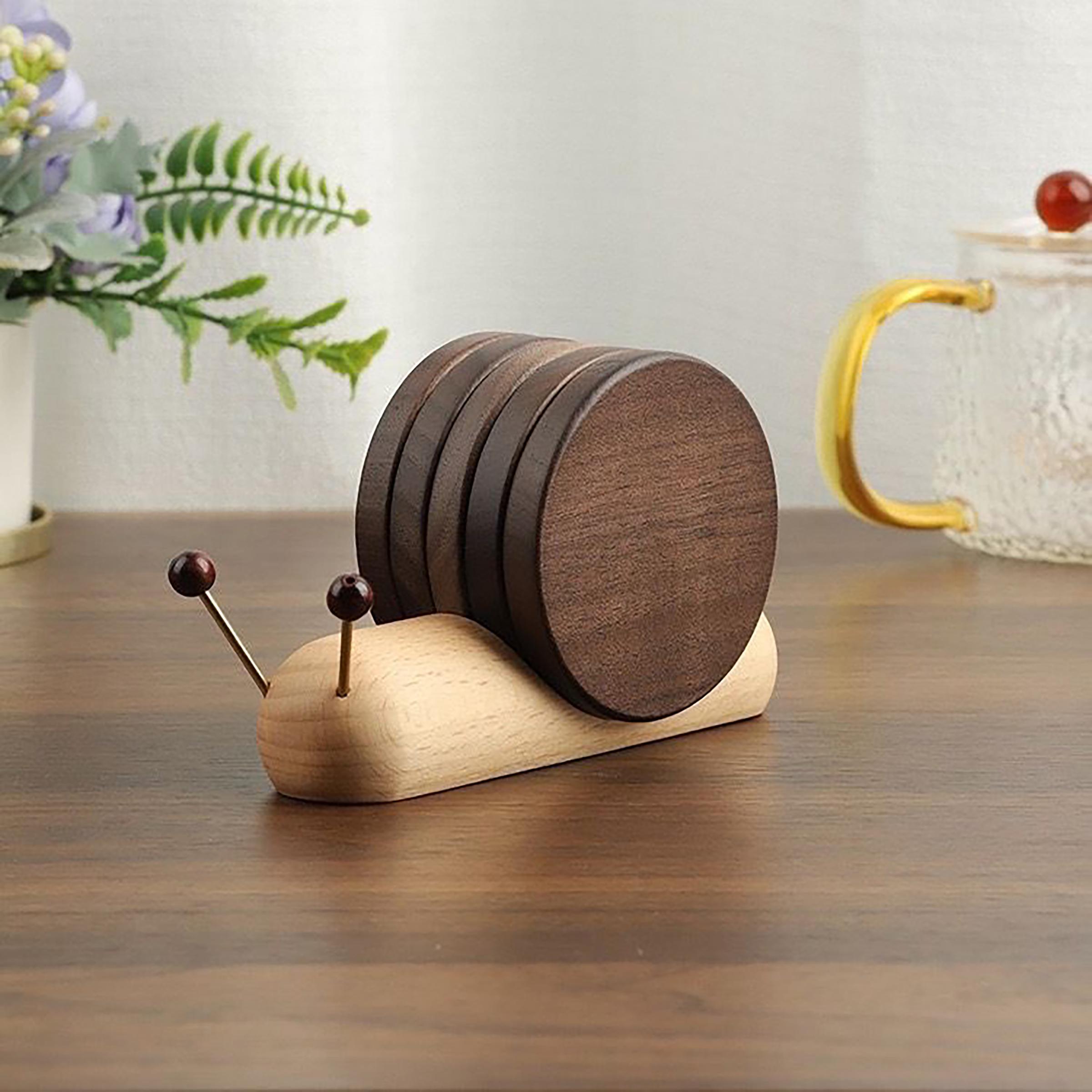 Wooden Snail Coaster Set, Creative Desktop Insulation Pad Decorative Accessory, Magnetic Heat Resistant Mat Pot Bowl Cup Holder, Wooden Coasters