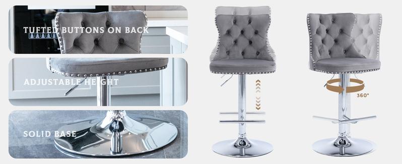 Velvet Swivel Bar Stools Set of 2 Kitchen Counter Adjustable Height Upholstered Barstools with Metal Leg for Kitchen Island, Bar, Dining Room