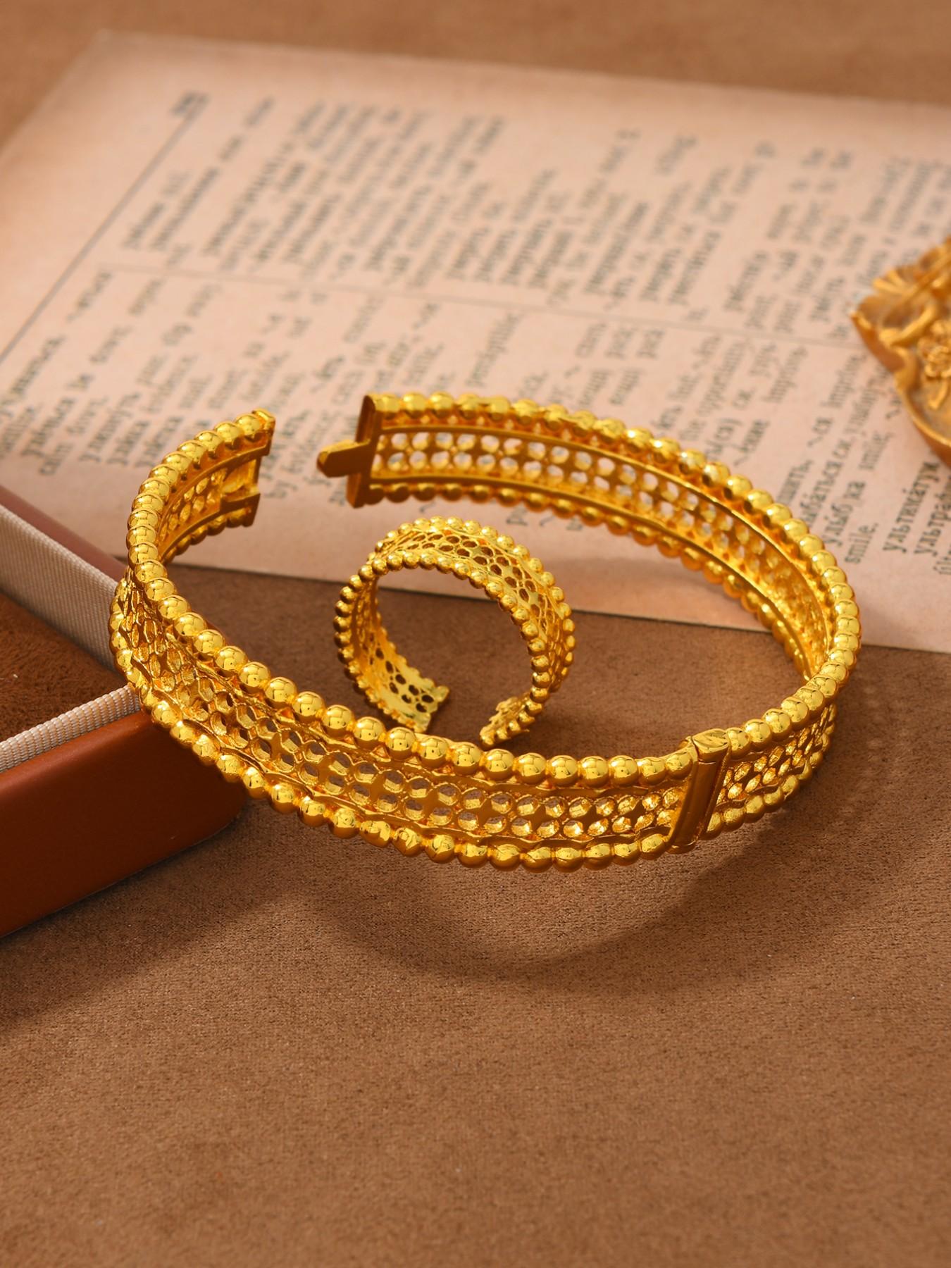 2pcs Middle Eastern Copper Plated 24k Hollow Wide Bracelet Ring Set, Vintage Luxury Party Accessories for Women