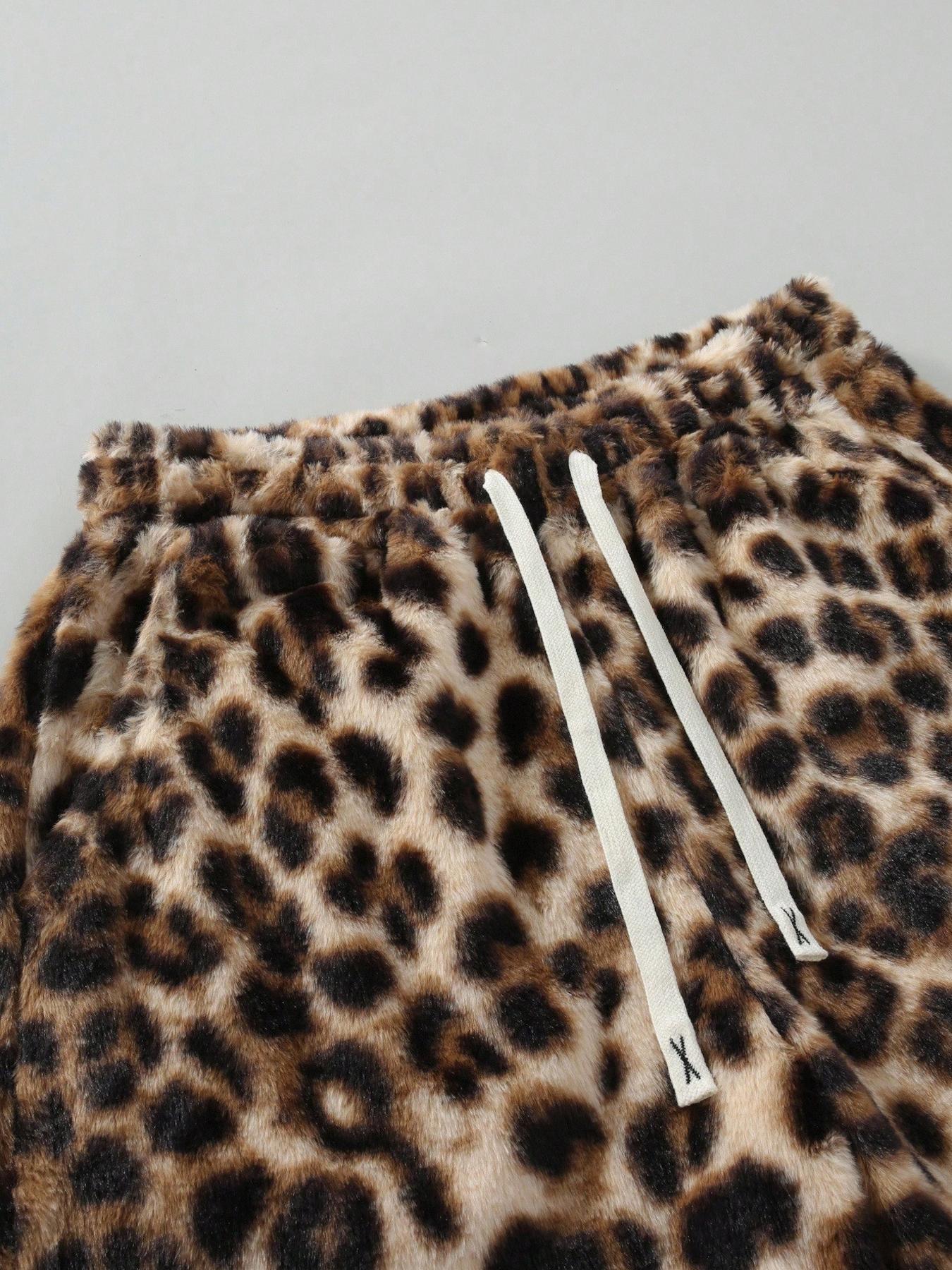 Unisex Leopard Print Fleece Pants, Soft Rabbit Fur Fabric, Fall Winter Warm Comfort, Street Hip Hop Style, Daily & Outdoor Wear, Streetwear