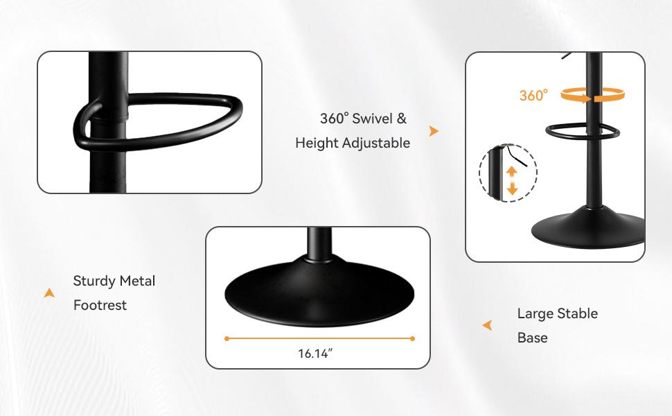 Modern Bar Stools, Adjustable Faux Leather Upholstered Swivel Bar Stools, Counter Height Bar Chairs with Back for Kitchen Island, Black