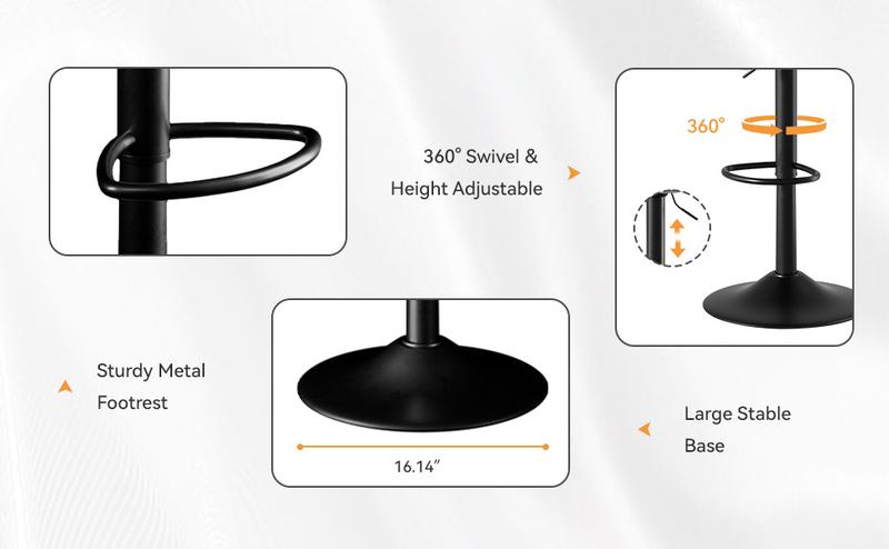 Modern Bar Stools, Adjustable Faux Leather Upholstered Swivel Bar Stools, Counter Height Bar Chairs with Back for Kitchen Island, Black