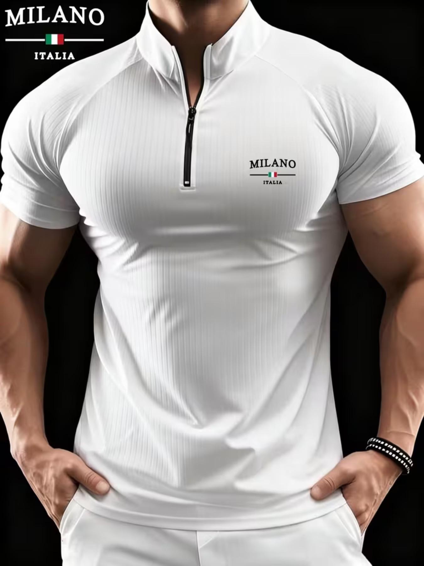 Men's Milano Stand Collar Polo Shirt, Elastic Ribbed Slim Fit Muscle Show, Casual Sportswear, All Seasons, Loose-Fitting, Zipper Design