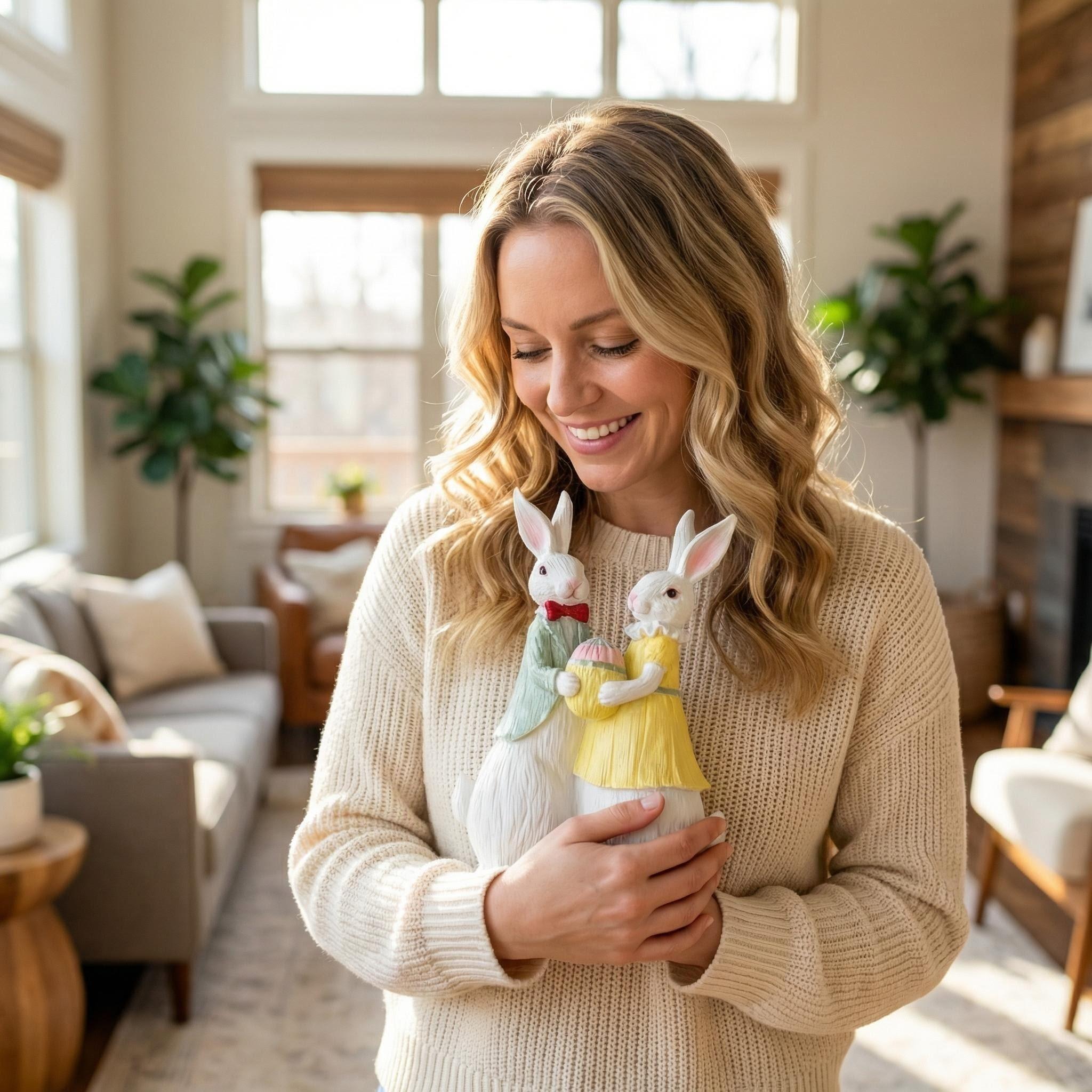 [Vibrant Easter Bunny Statue] Vibrant Resin Easter Bunny and Egg Statue - Charming Festive Garden Decor for Outdoor & Tabletop Display