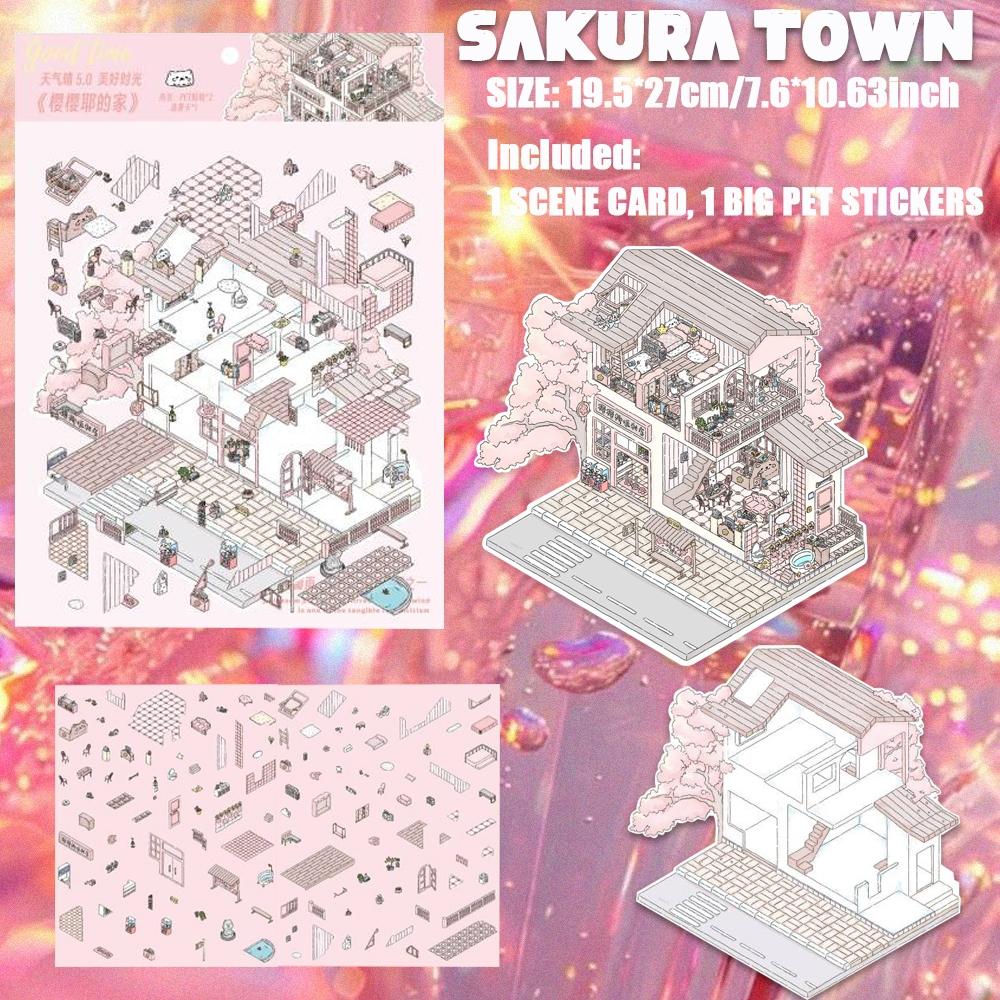 Spring Sakura Flowers Stickers, Floral House Miniature Landscape, Fantasy & Nature, DIY Kawaii Cherry Blossom Sticker Sheet