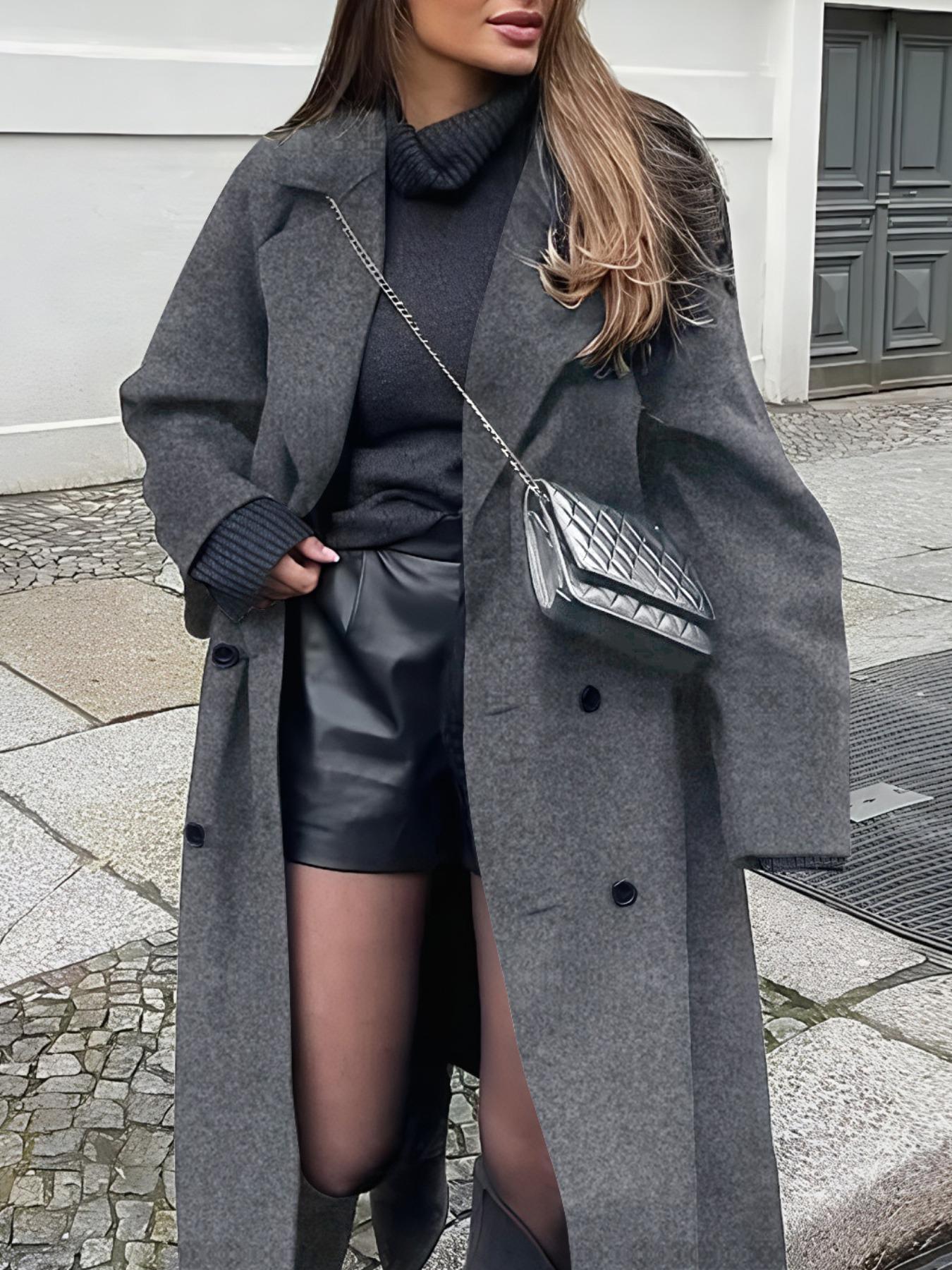 Women's Long Woolen Coat Jackets, Casual Loose-Fitting Overcoat with Double Button Front, Fall & Winter Fashion Outerwear for Women