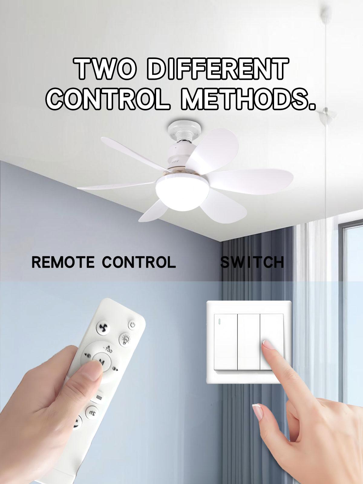 E27 Light Socket Compatible with Ceiling Fan, Wireless Remote Control & LED Bulb, 3 Color Changing, 3 Speeds, 85-265v, Small Ceiling Fan