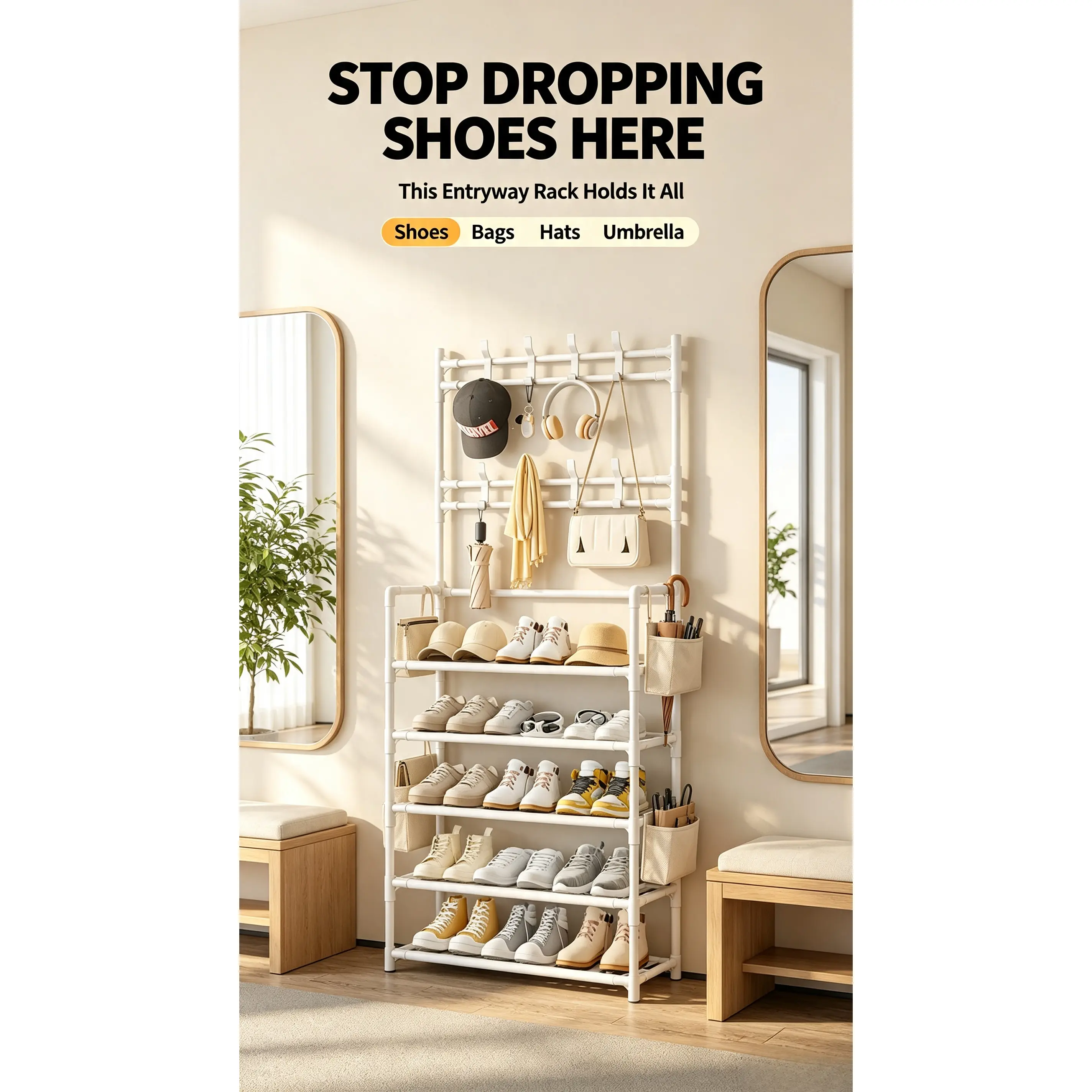Wall-mounted wardrobe with floor-standing multi-functional clothes rack for home use, with door assembly and shoe rack at the entrance.