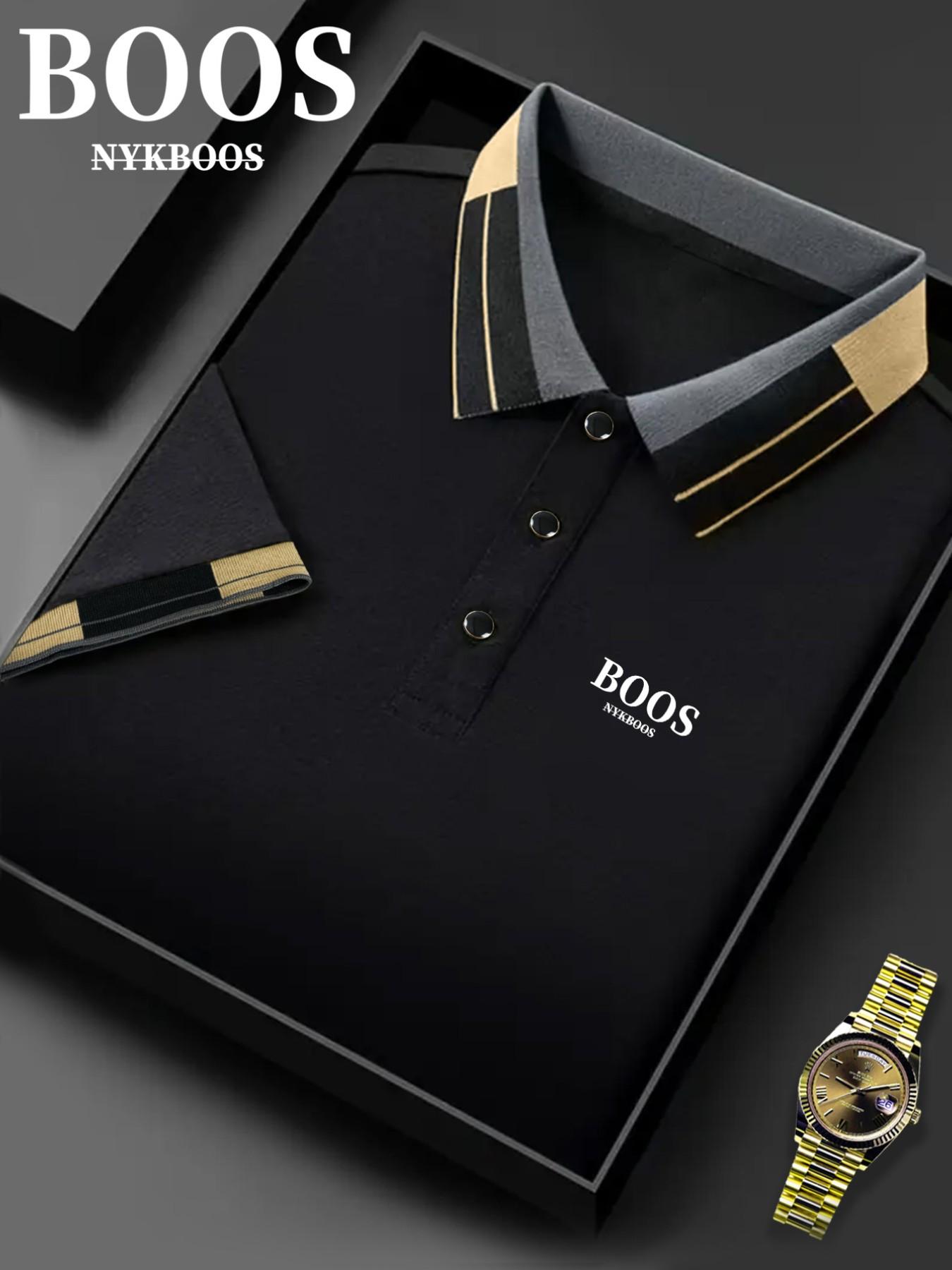 Hh3425 Fashion Boss Logo Print Men's Polo Shirt, Elastic Casual Breathable Four-Season Comfortable Durable High-End Polo Top