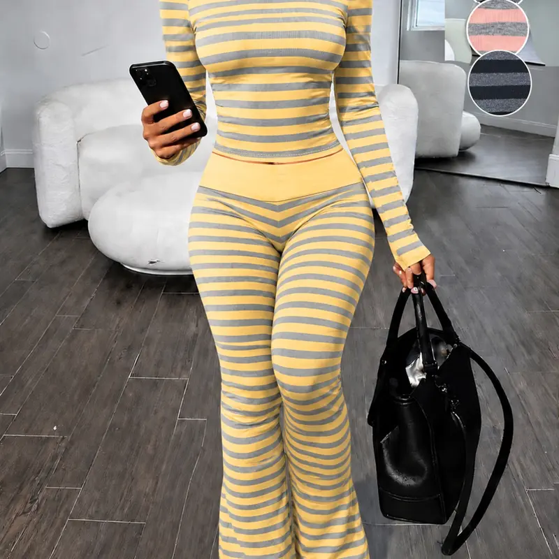 Off-Shoulder Long-Sleeved Striped Flared Pants Two-Piece Set, American Casual Hot Girl Style, Pink And Gray Contrast Horizontal Stripes, for Home, Fitness & Dating Wear Top