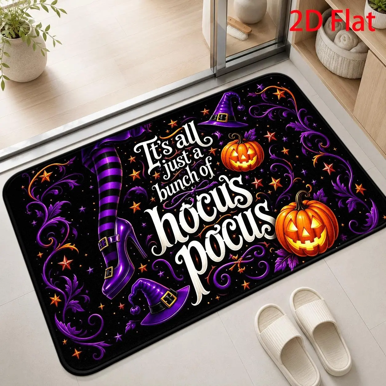 1PC/2PC/3PC Hocus Pocus Witch Legs Halloween Door Mat, 2D Flat Printed Flannel Floor Mat, Whimsical Vector Illustration With Pumpkin Entryway Rug, Spooky Welcome Mat for Front Door, Covered Porch, Hallway, Kitchen and Indoor Home Decor