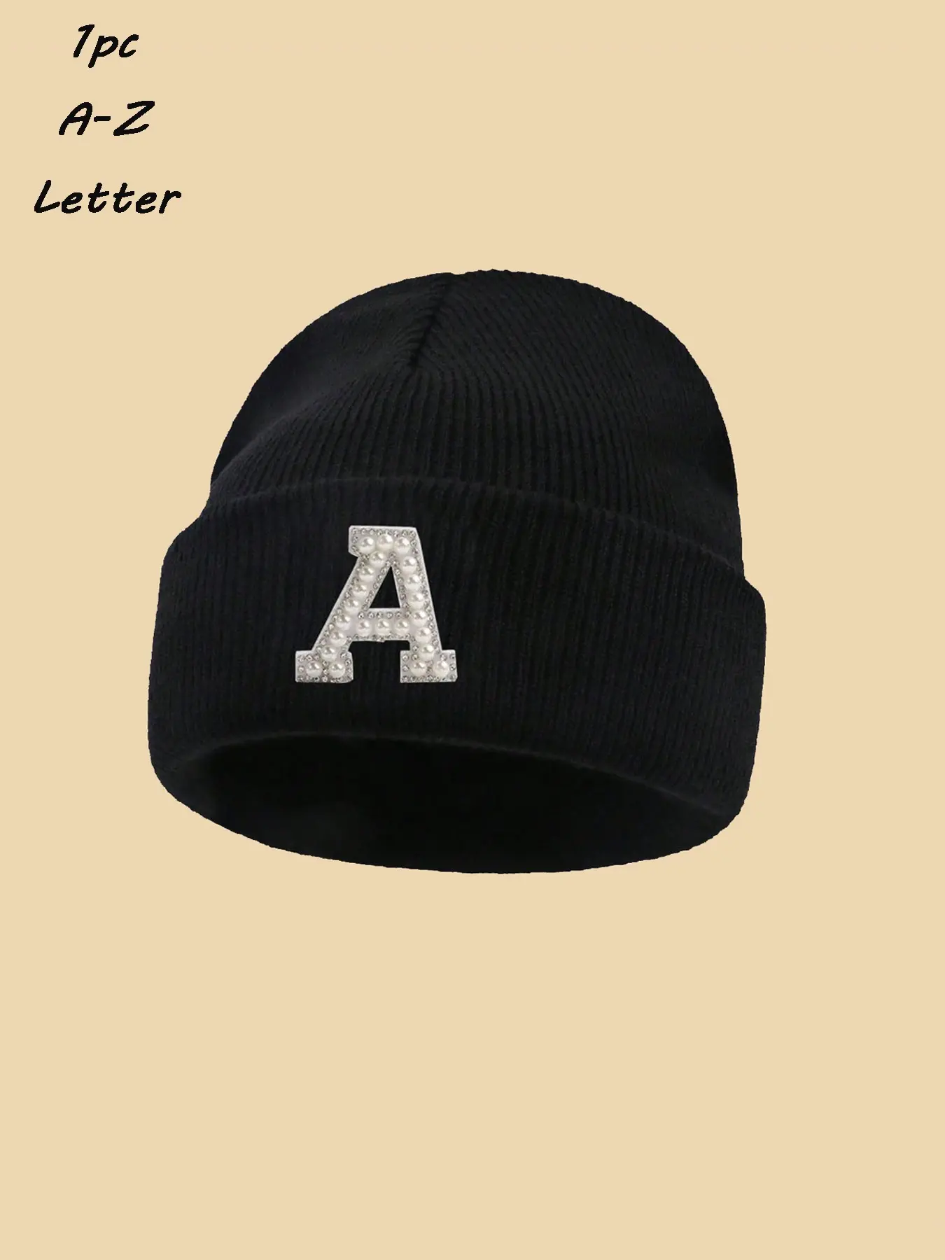 1PC Custom A‑Z Pearl Letter Beanie, Cuffed Winter Cap, Warm Cozy Knit Hat, Unisex For Adults, Fall Winter Outfits, Cold Outdoor Trips, Winter Date Nights, Thoughtful Custom Gift