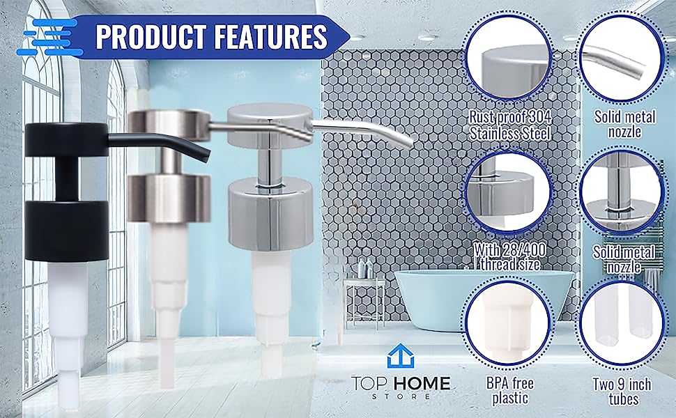 Elegant Flat Top Stainless Soap and Dispenser Pumps (Black, 2 Pack)