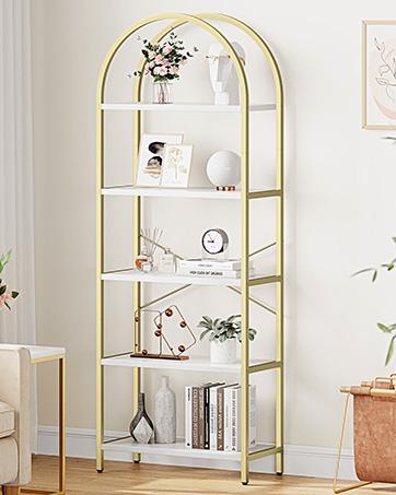 Bookshelf 5 Tier Bookcase Arched Display Racks Tall Standing Bookshelves Metal Frame Open Storage Rack Shelf Large Black Book Shelf for Bedroom, Living Room, Home Office