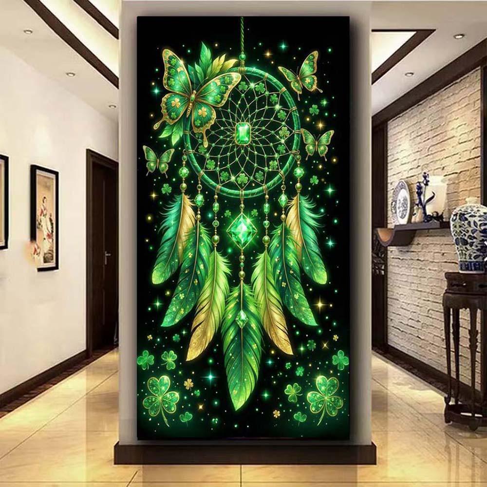 5D Diamond Painting Kit Full Round Drill Dreamcatcher, Butterfly, Green DIY Mosaic Wall Art, Beginner Craft Set (with tools), Home Wall Decoration Gift, Diamond Art Kit