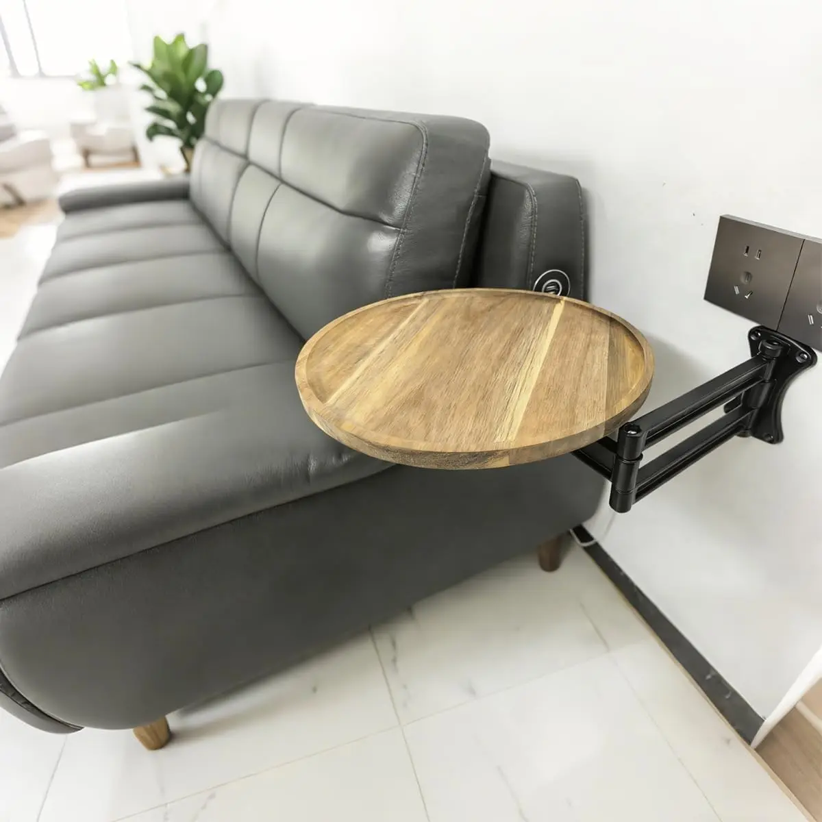 Retractable Wall Mount Folding Table, Adjustable Wall Mounted Coffee Table, Balcony Coffee Table, 11.8 Inch Round Wooden Tabletop, Acacia Brown, Adjustable Angle, Space-Saving Design (black, small)