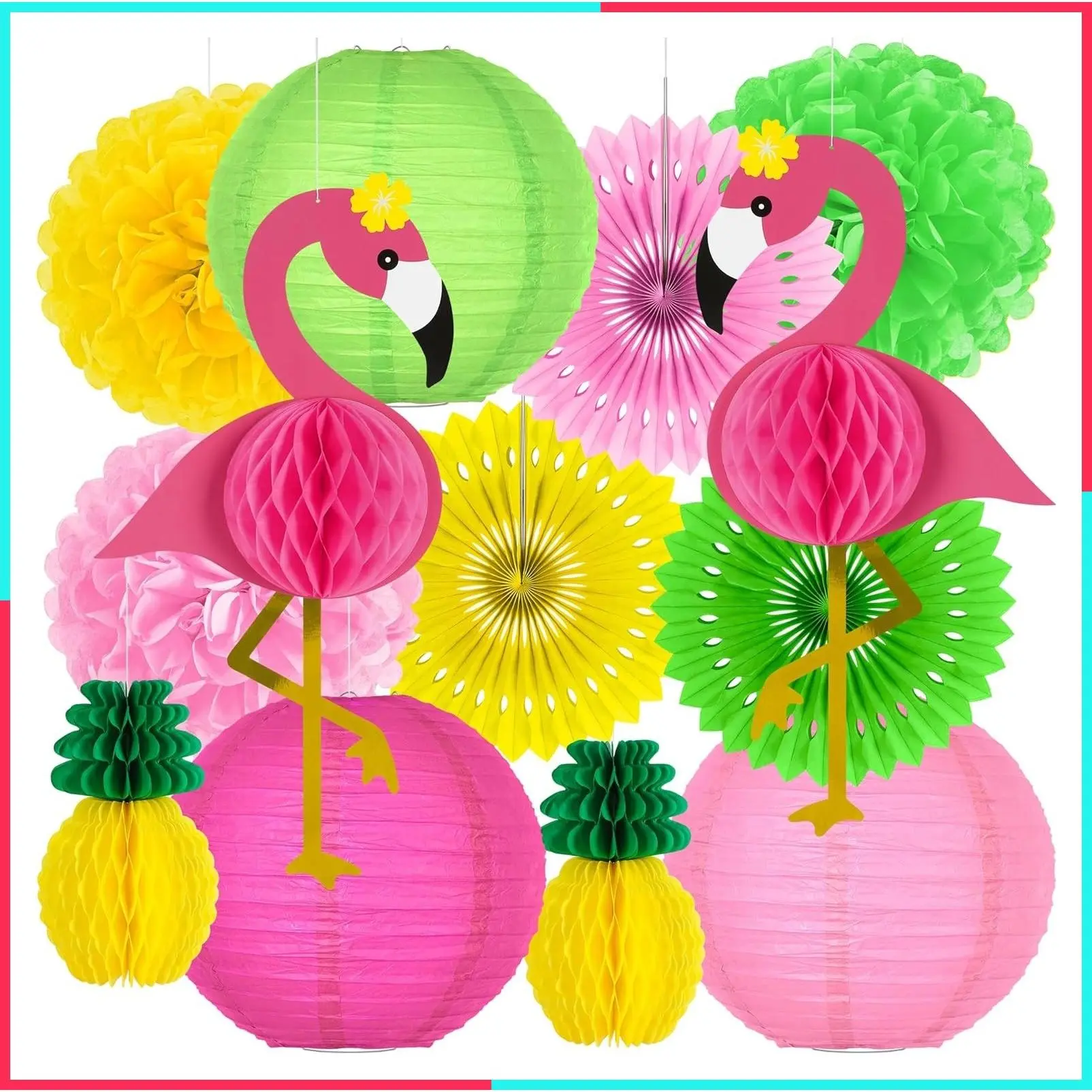 13PCS Hawaiian Party Decorations, Luau Party Decorations, Flamingo and Pineapple Honeycomb Paper Flowers Fans and Ball Lanterns for Summer Tropical Beach Party Decorations Supplies Favors