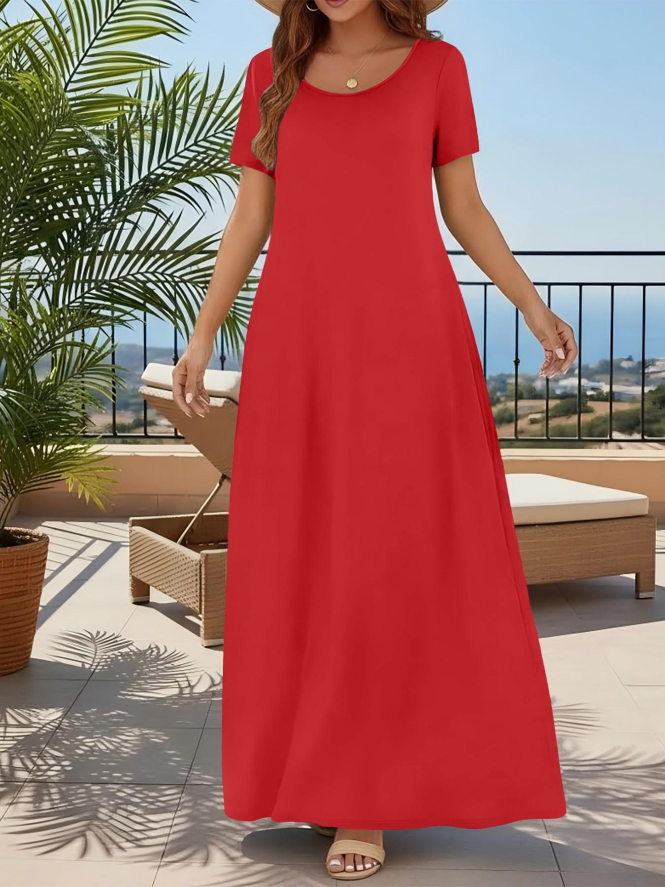 Women's Casual Commuter Plain Minimalist Short Sleeve Dress with Pockets, Loose Fit Summer & Fall, Essential Beachwear Women's Casual Commuter Plain Minimalist Short Sleeve Dress with Pockets, Loose Fit Summer & Fall, Essential Beachwear