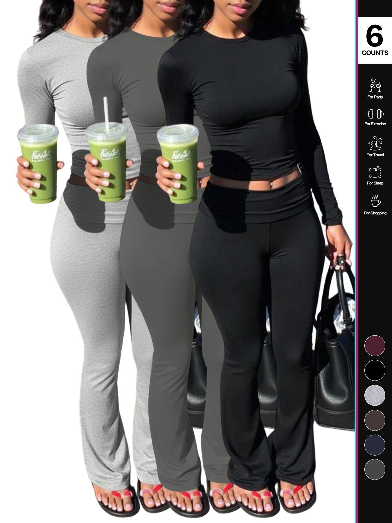 Women's 2 Piece, Foldover Flare Pants & Long Sleeve Crew Neck T-Shirt, Fitted Pajama Sets, Casual Comfortable Sleepwear