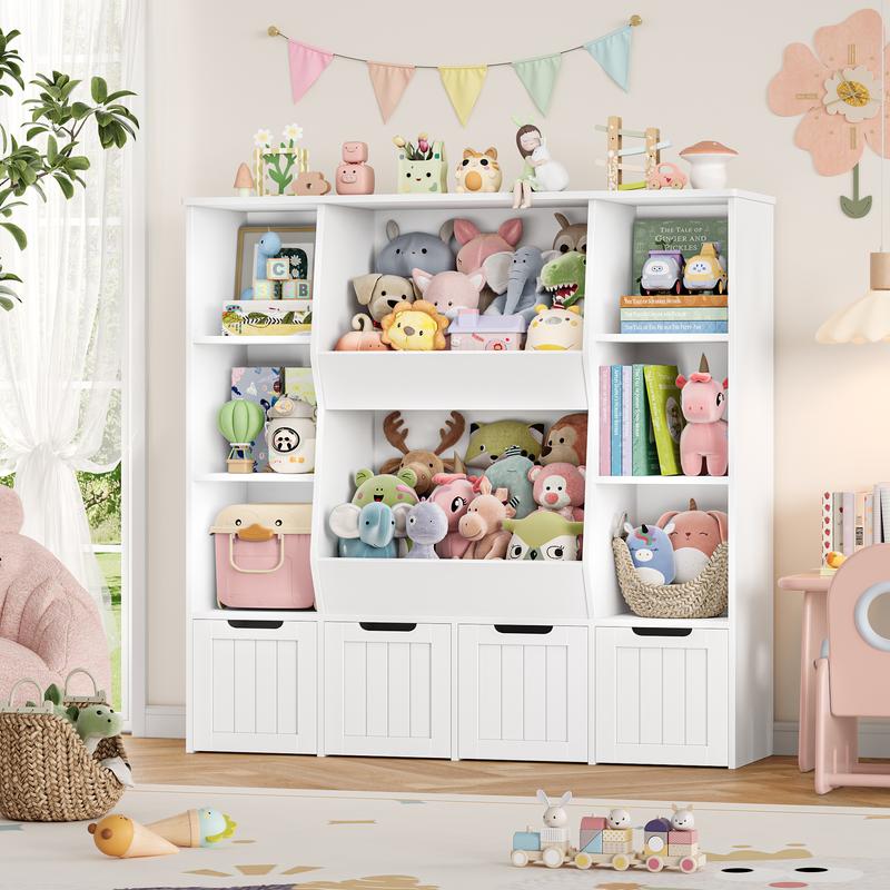 FOTOSOK Toy Storage Organizer with  8 Storage Cubbies and 2 Movable Drawers, Toy Organizer with Hidden Wheels and 3-Tier Kids Bookshelf, Multifunctional Floor Storage Chest for Playroom