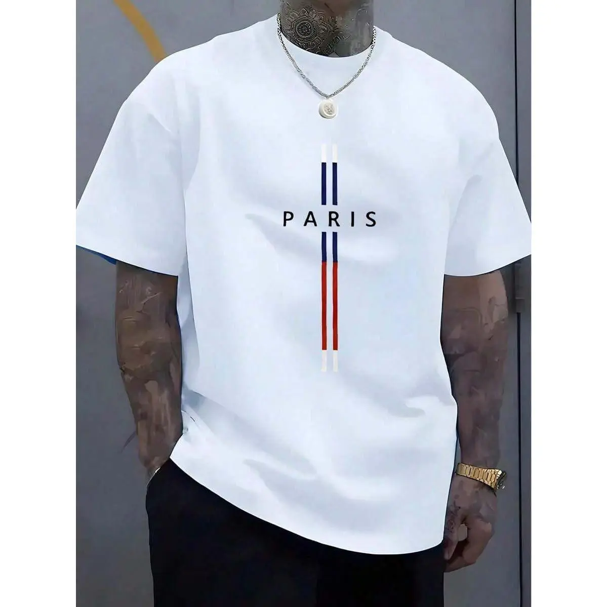 Men's Cotton Casual T-Shirt - Paris Logo Graphic Print Short Sleeve Tops, Cotton Fabric, Machine Washable 2025