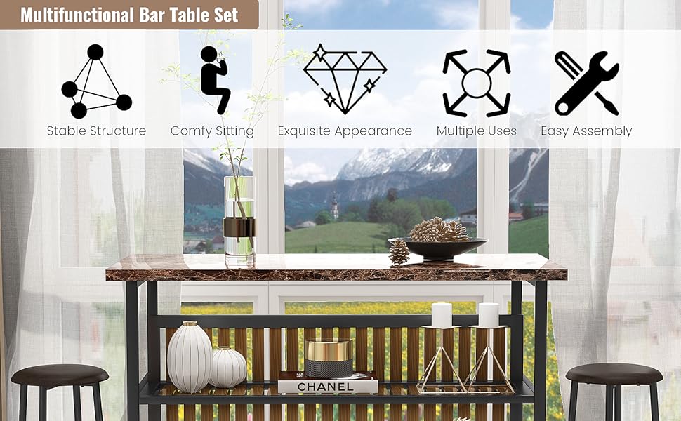 AWQM 3-Piece Kitchen Island Set with Storage, Faux Marble Dining Table & Chairs for 2, Small Space, White/Brown/Walnut