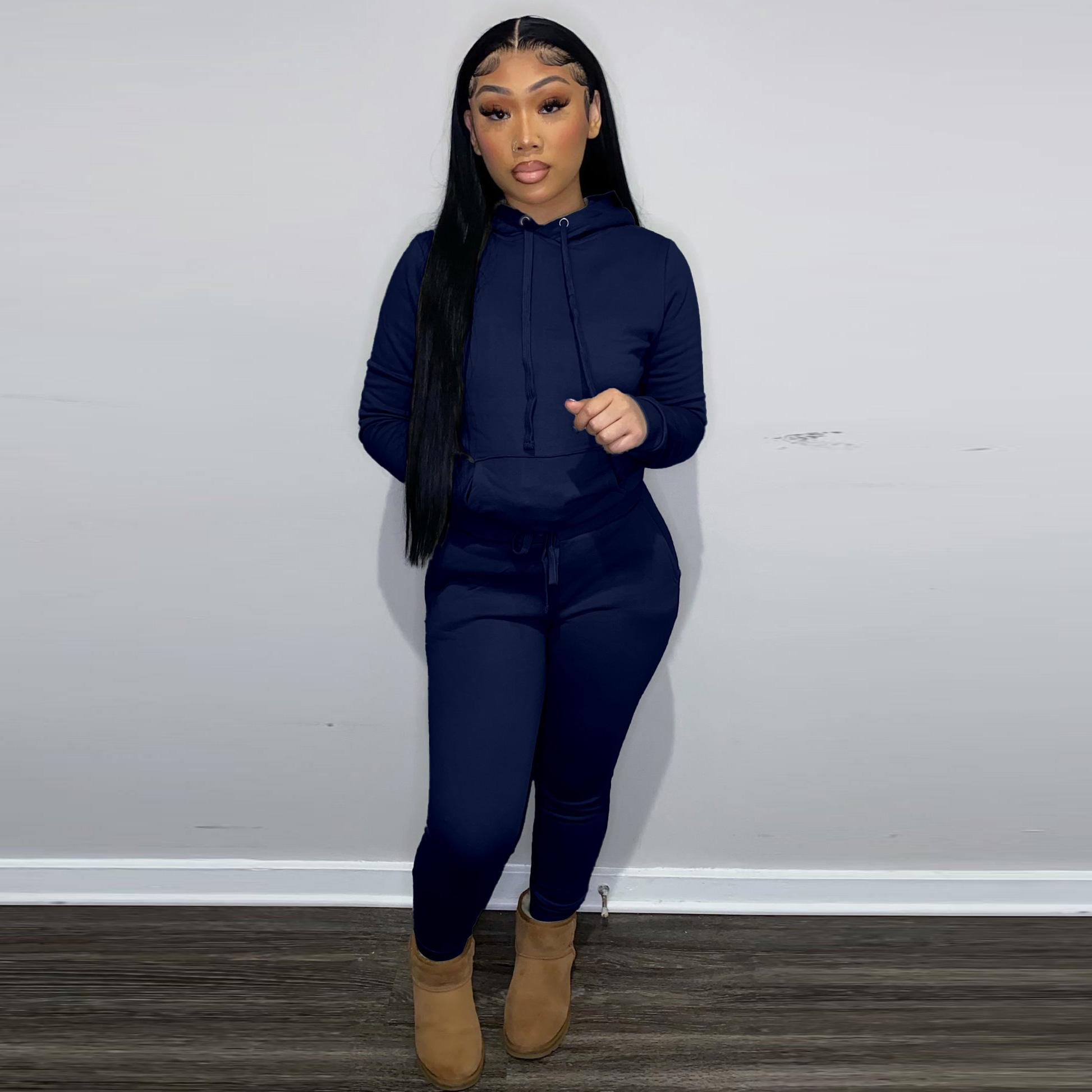 USBoutique Chic Women's Solid Drawstring Hoodie & Pocket Sweatpants Two-piece Set, Casual Long Sleeve Hooded Sweatshirt & Trousers for Fall, Womenswear Fall Clothes for Daily Wear, Downtown Girl Clothes, Girl with Blue Pants 2-piece woman