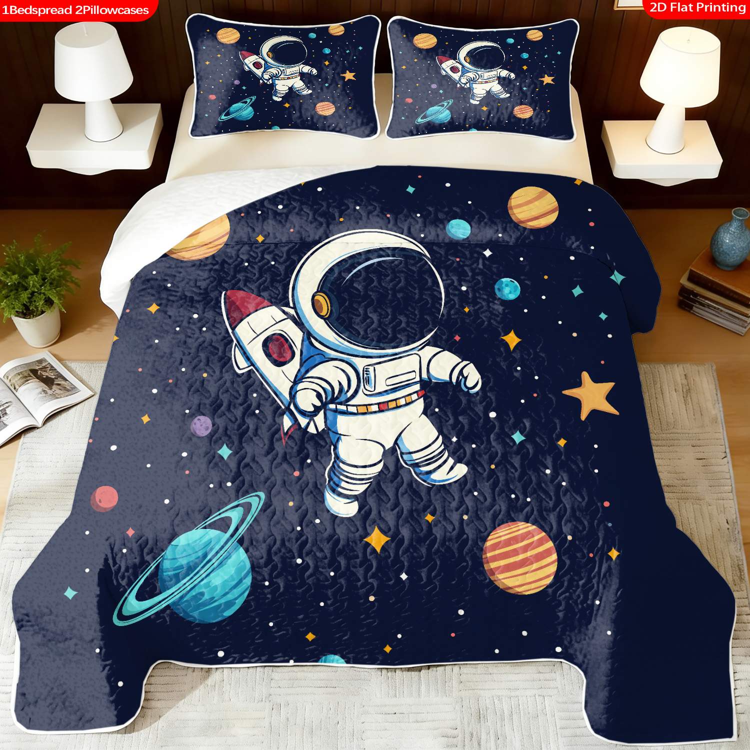 3 pcs, 2D flat print Astronaut Spaceship Starry Sky bed cover set, multiple sizes available, bedding set, festive decorative bedding, ideal for bedroom decor(1 bedspread , 2 pillowcases)