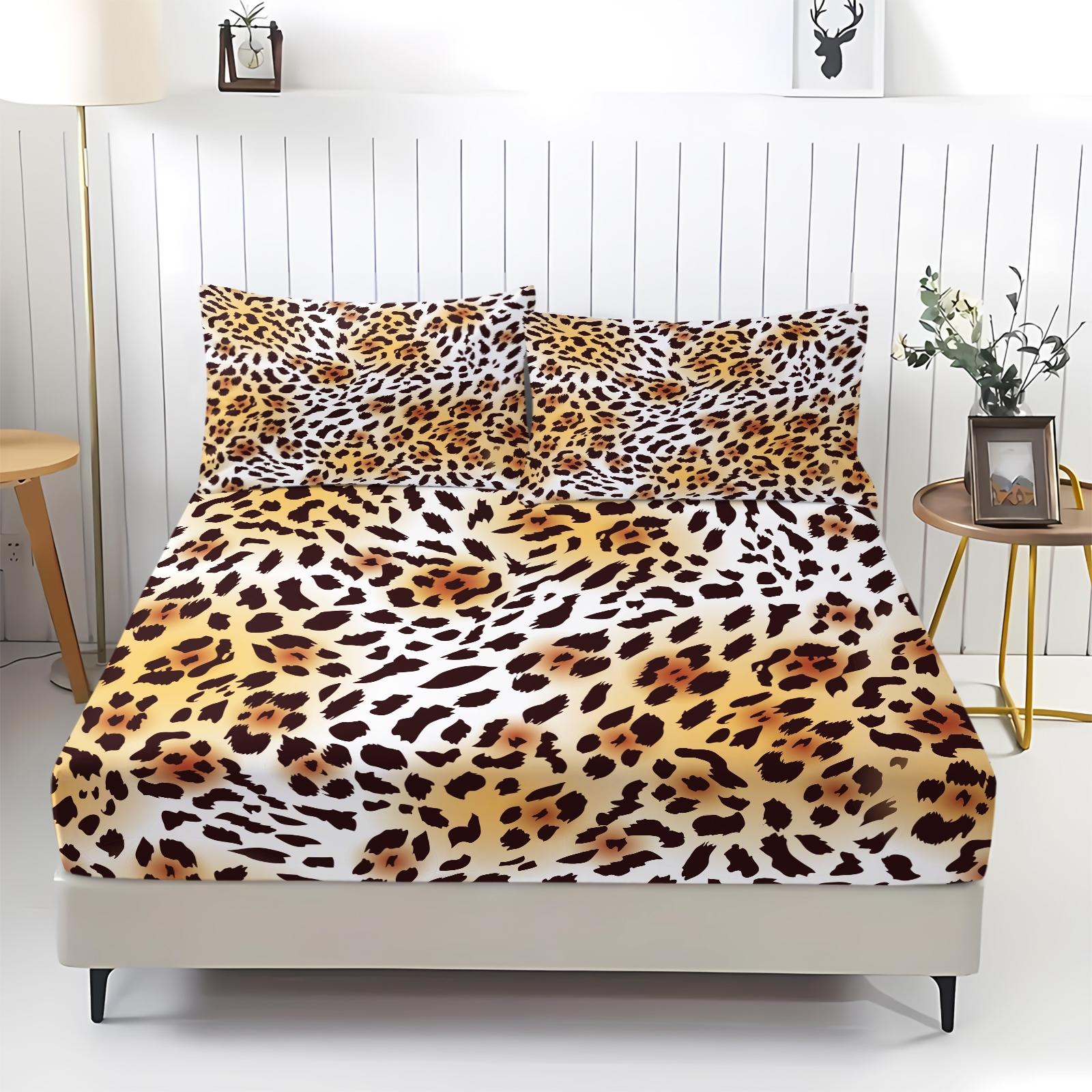 3Pcs Leopard Print Fitted Sheet Set, Retro Luxury Bedding Set, Soft and Breathable Fabric, Deep Pocket Design, Easy to Clean, Ideal for Fashionable Young Women's Bedroom Decor