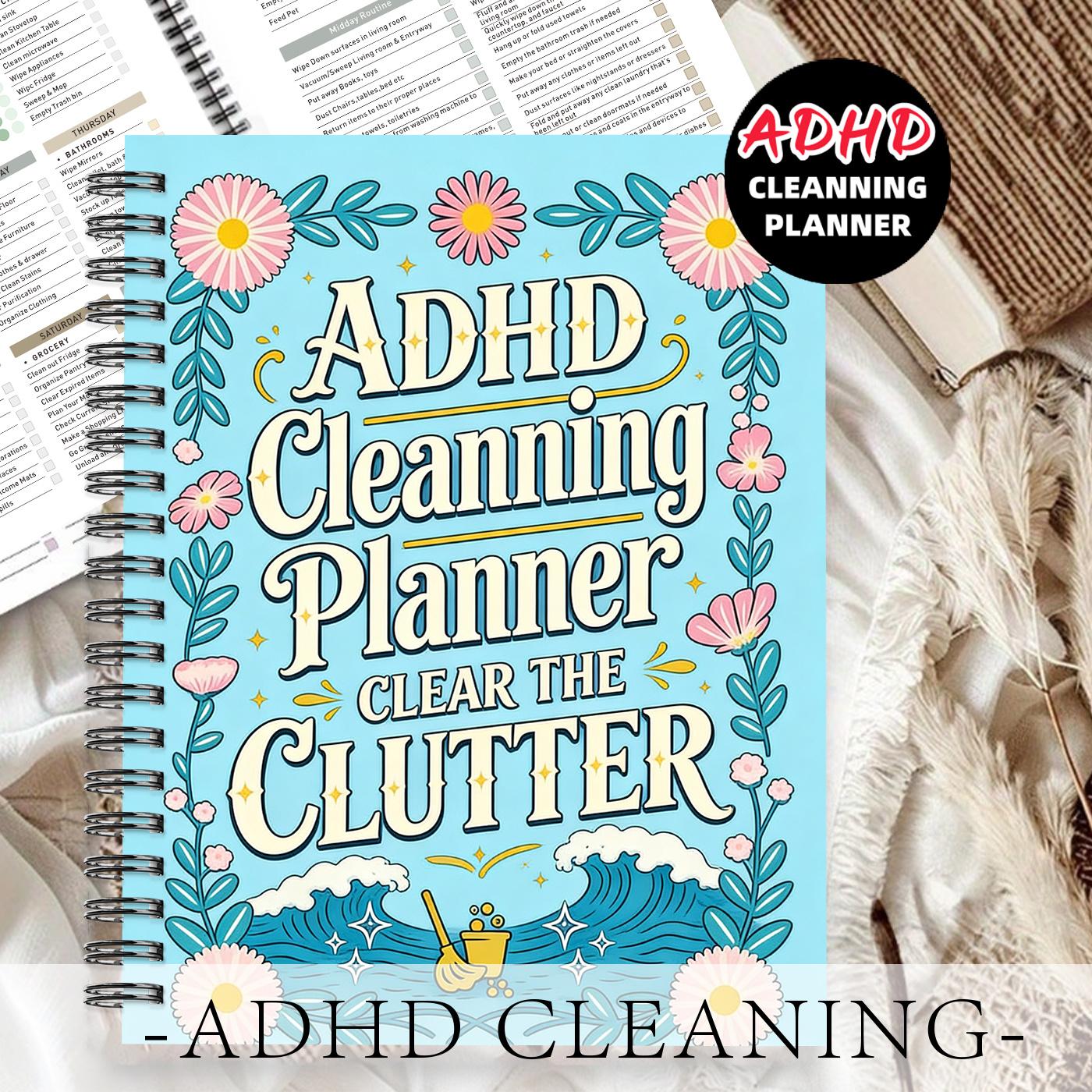 1pc ADHD Cleaning Planner Themed Academic Notebook, Decluttering Style - Floral-surrounded Text Title Pattern. Plan Specific Decluttering Tasks. Decluttering Notebook, Space Planning Notebook. Space Organization and Planning. 5.5x8.3 Inch Notebook