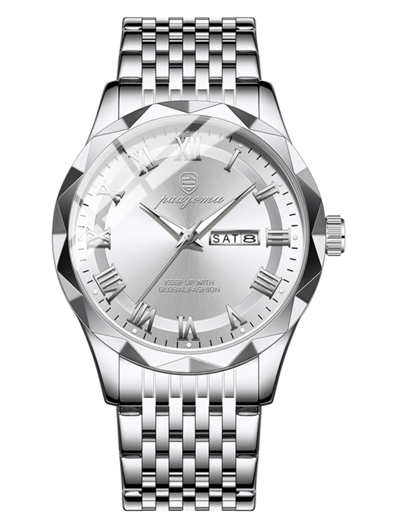 Paazomu Brand Steel Belt Dual Calendar Men's Quartz Watch 6367, Stylish Timepiece for Everyday Wear, Durable and Reliable Design