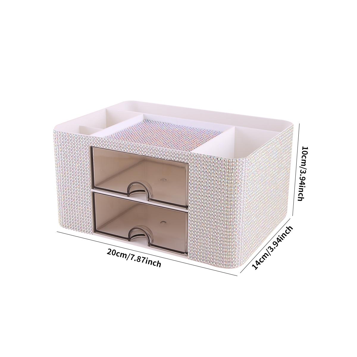 Diamond Embellished Storage Box with Drawer, Multi-Compartment Design, Makeup Brush Organizer, Cosmetic Holder, Bedroom Vanity Tray